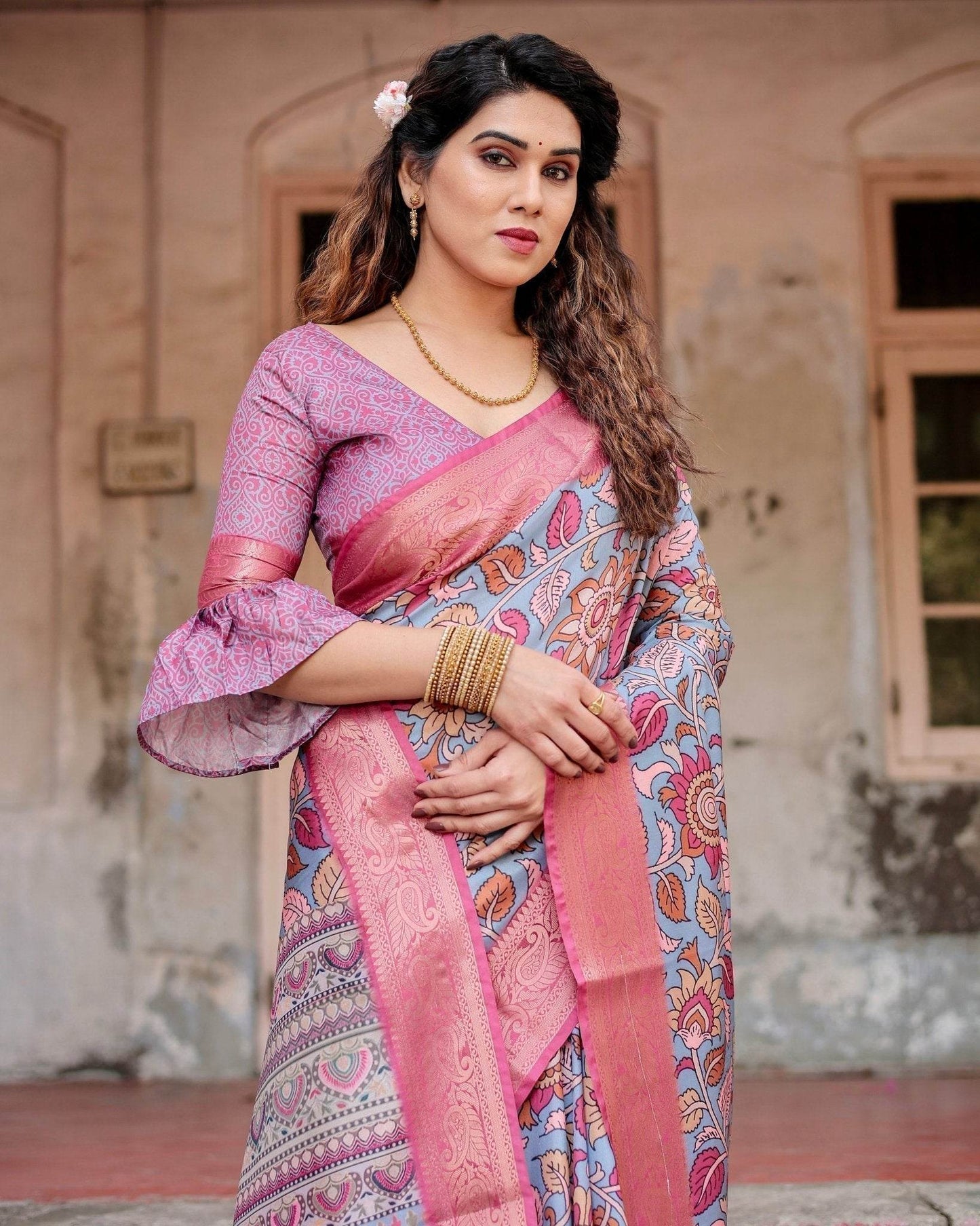 Graceful Grey Tussar Silk Saree with Pink Zari Border and Intricate Floral Motifs - SEEANS