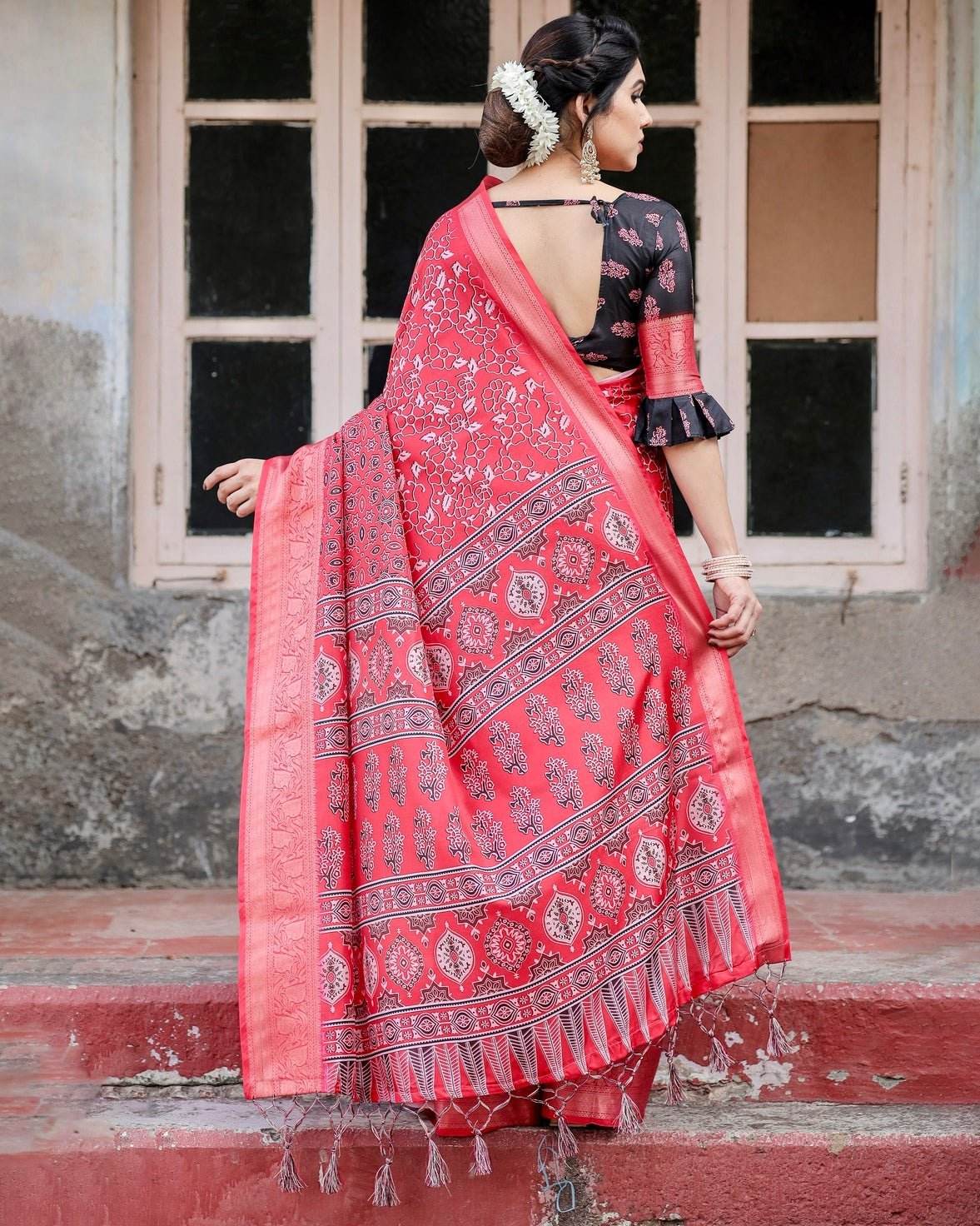 Fiery Red Tussar Silk Saree with Ornamental Motifs and Detailed Zari Pallu - SEEANS