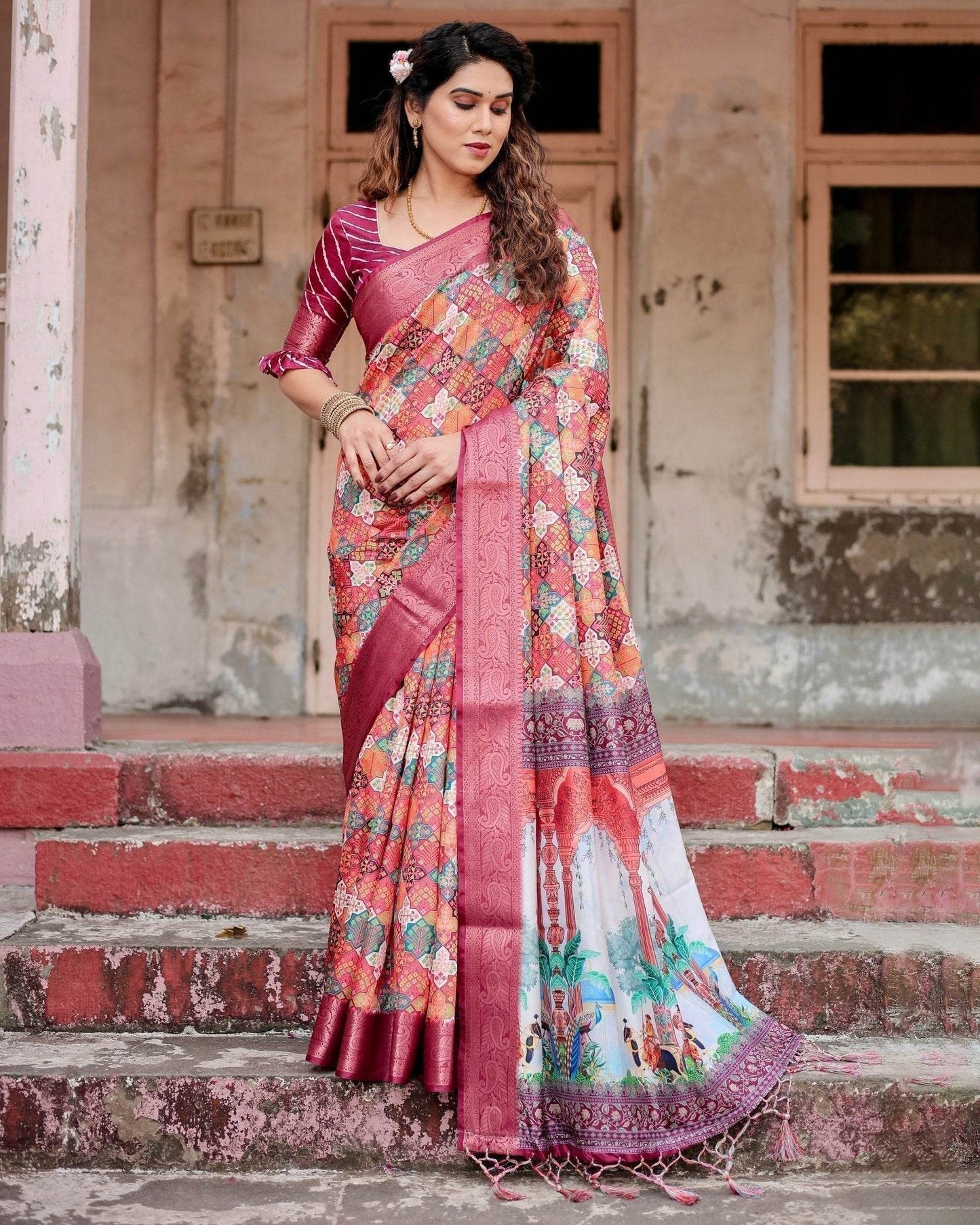 Maroon Tussar Silk Saree with Vibrant Geometric Tile Print and Zari Paisley Border - SEEANS