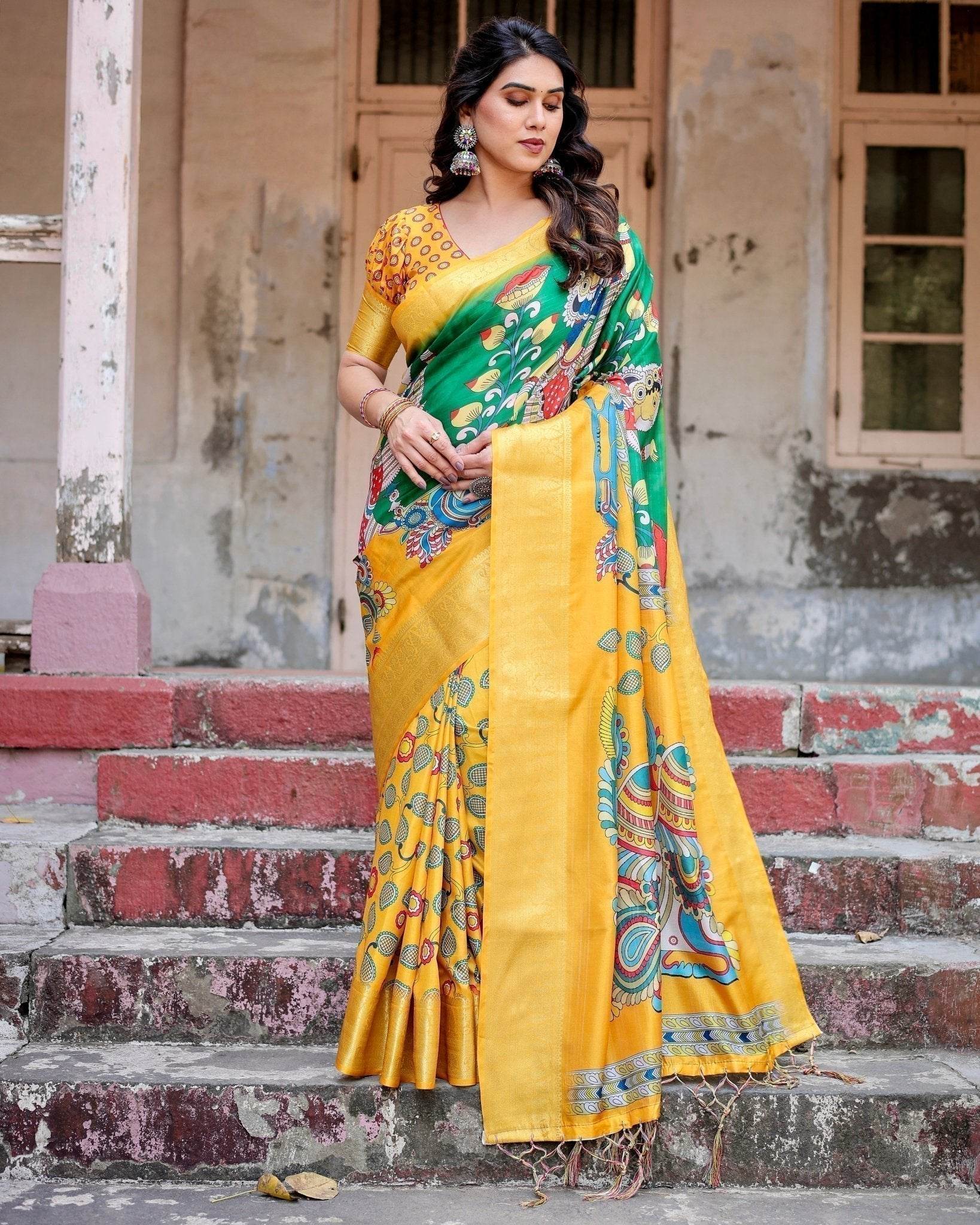 Golden Yellow Tussar Silk Saree with Vibrant Peacock Kalamkari Motifs - SEEANS