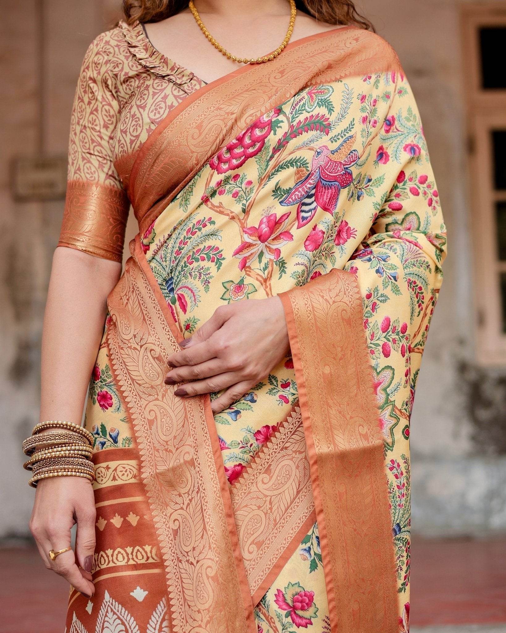 Golden Beige Tussar Silk Saree with Floral Paradise Print and Ornate Zari Border - SEEANS