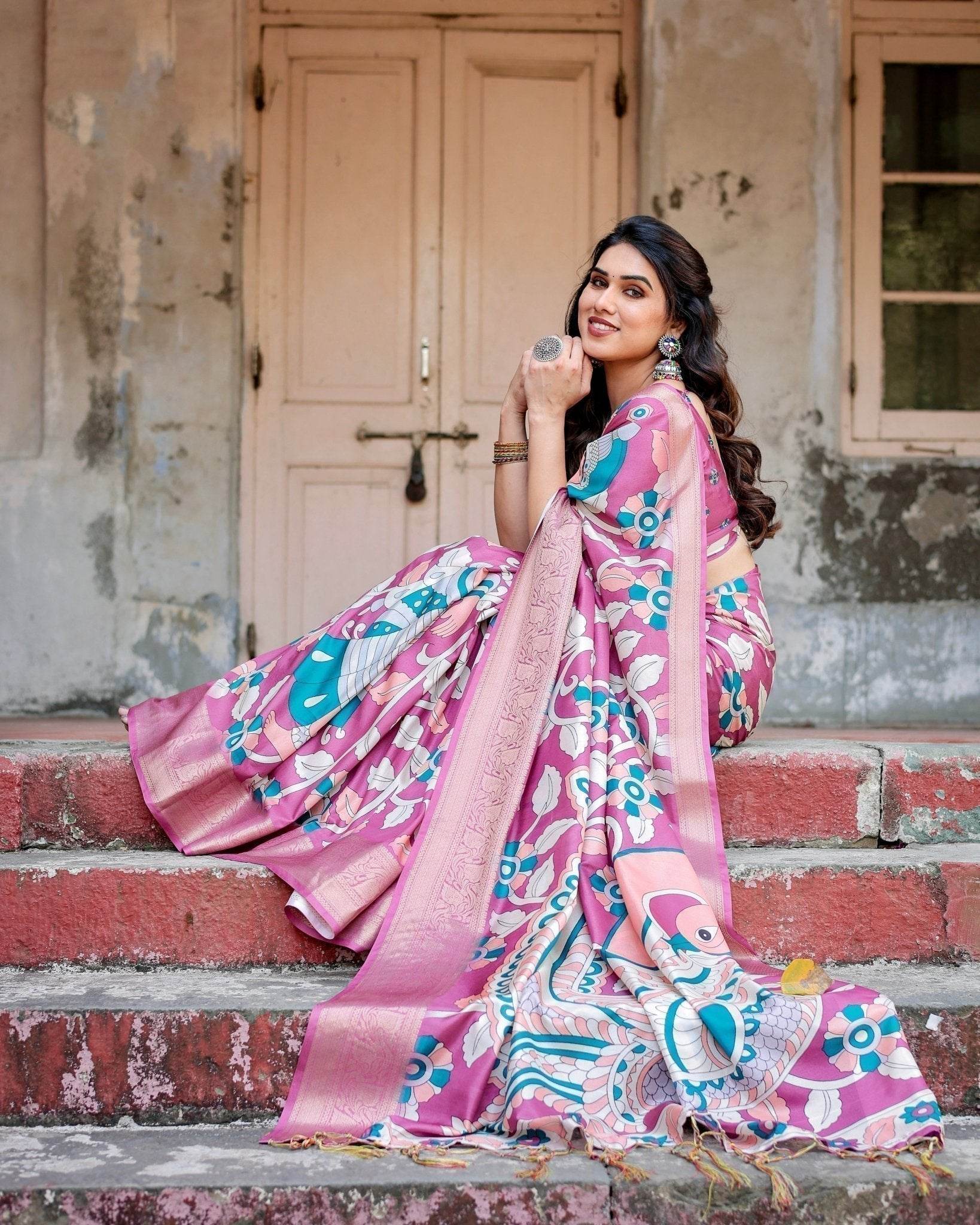 Blush Pink Tussar Silk Saree with Elegant Peacock and Floral Kalamkari Design - SEEANS