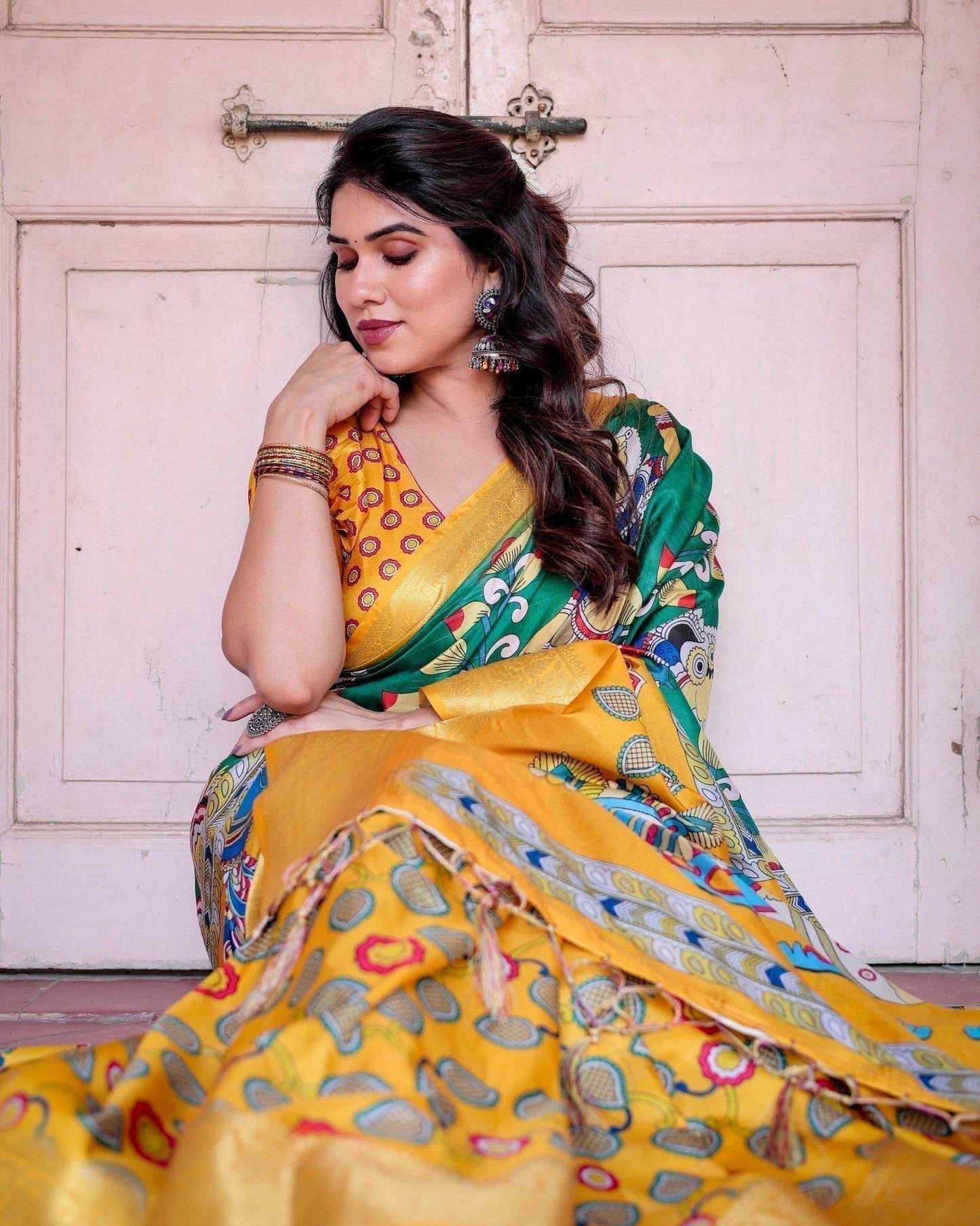 Golden Yellow Tussar Silk Saree with Vibrant Peacock Kalamkari Motifs - SEEANS