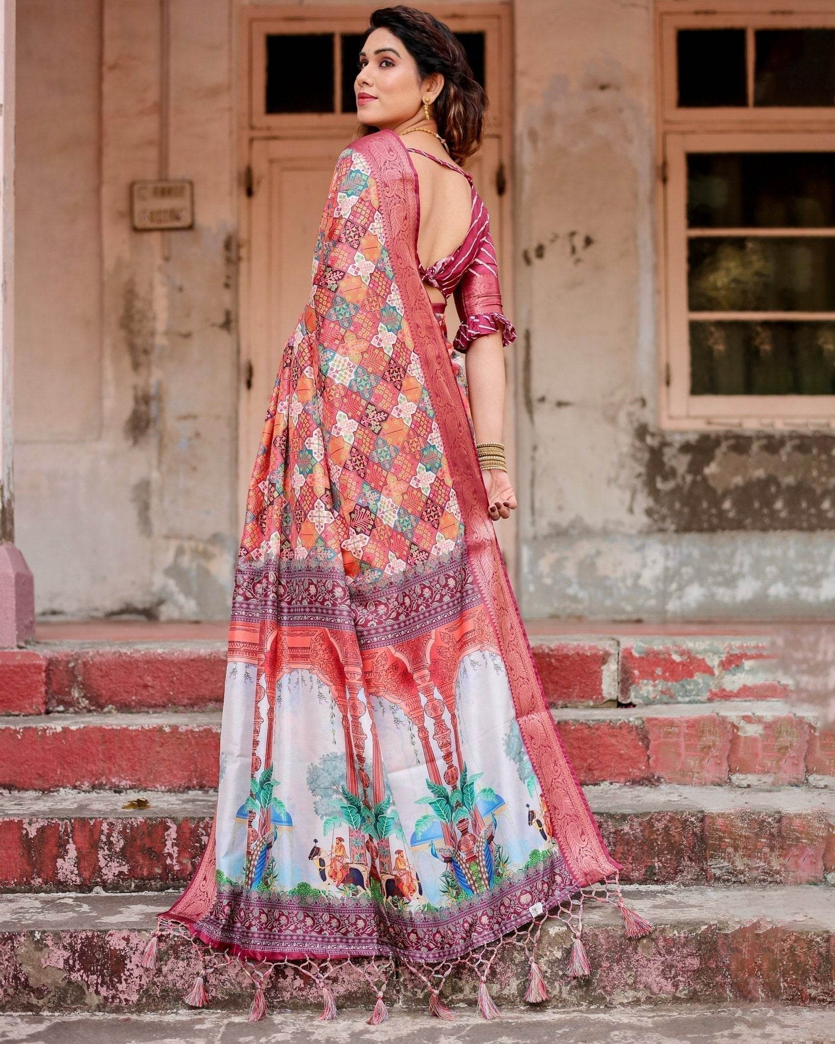 Maroon Tussar Silk Saree with Vibrant Geometric Tile Print and Zari Paisley Border - SEEANS