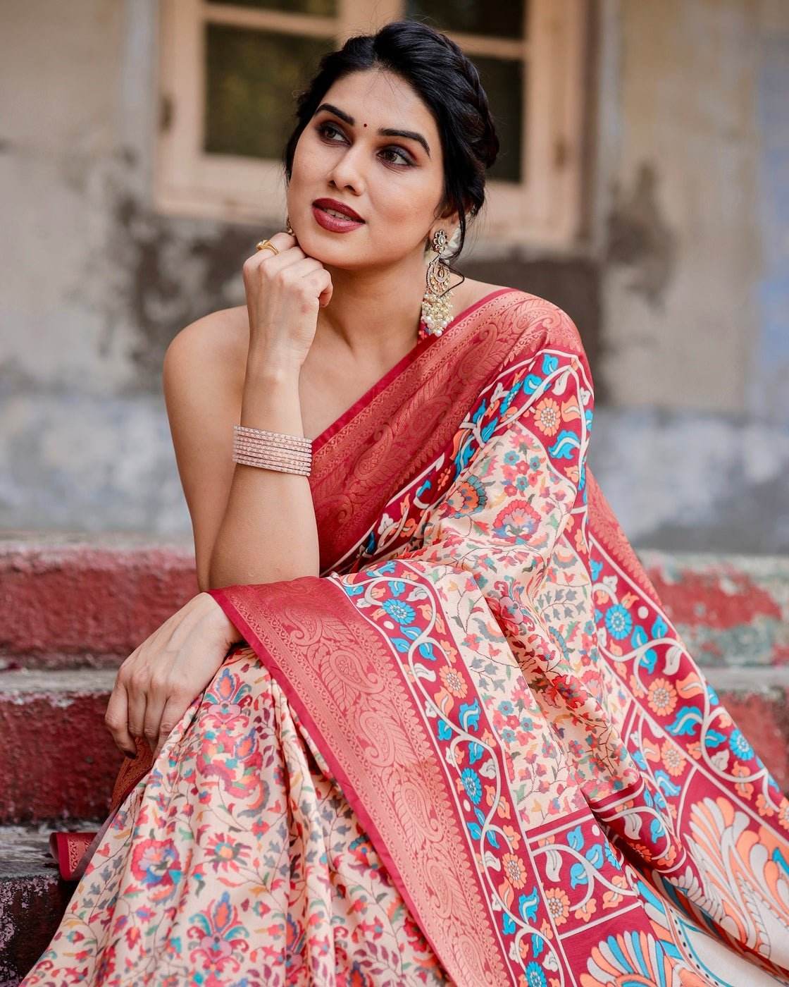 Beige and Coral Tussar Silk Saree with Intricate Floral Prints and Artistic Pallu - SEEANS