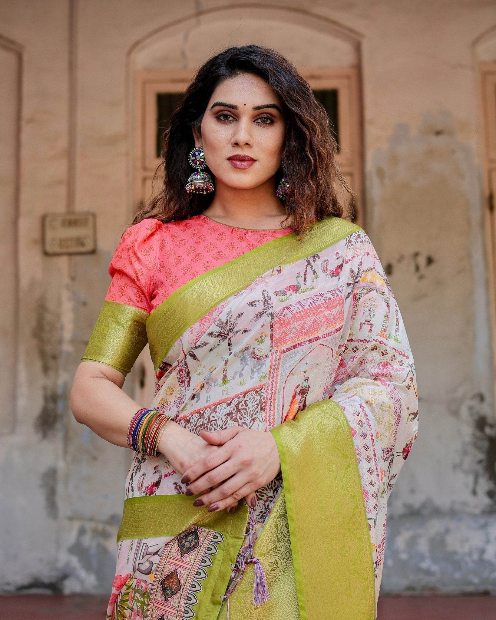 Pastel Tussar Silk Saree with Lime Green Zari Border and Hand-Painted Heritage Designs - SEEANS