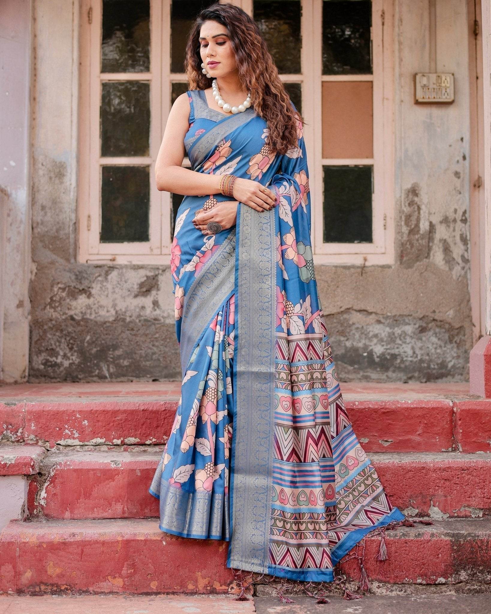 Sky Blue Tussar Silk Saree with Bold Floral Motifs and Chevron Pallu Design - SEEANS