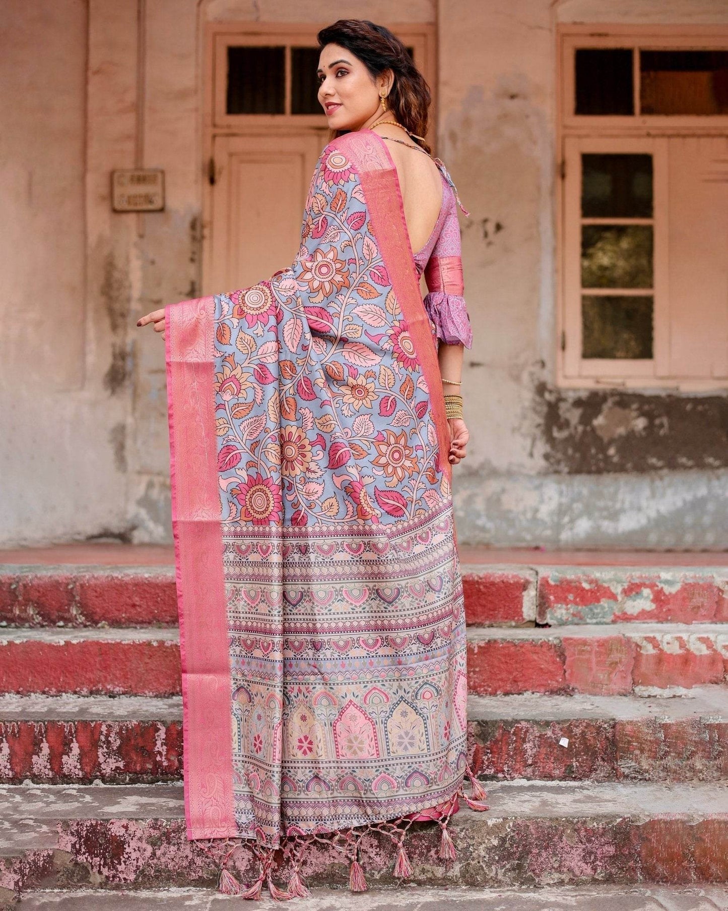 Graceful Grey Tussar Silk Saree with Pink Zari Border and Intricate Floral Motifs - SEEANS