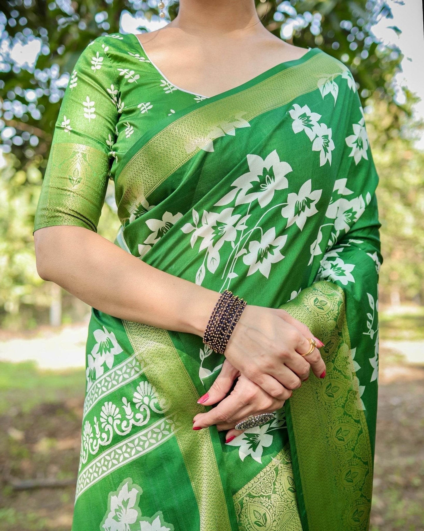 Enchanting Green Tussar Silk Saree with White Floral Prints and Zari Border - SEEANS