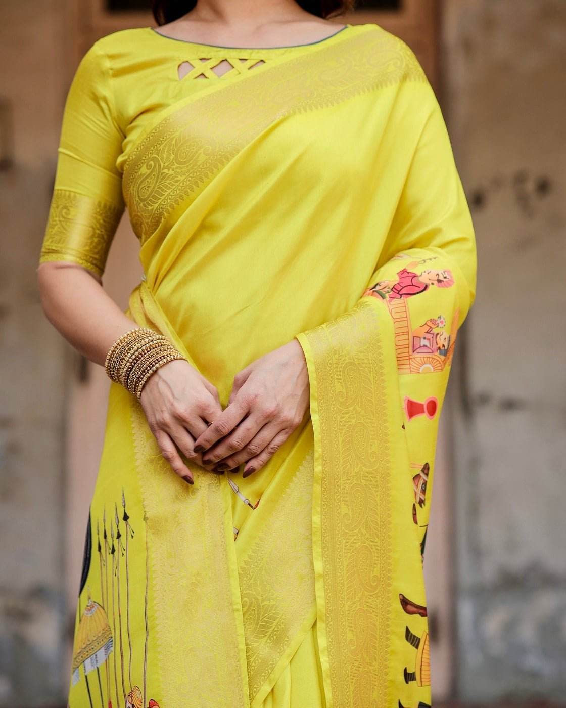 Vibrant Yellow Tussar Silk Saree with Royal Procession Pallu and Zari Accents - SEEANS