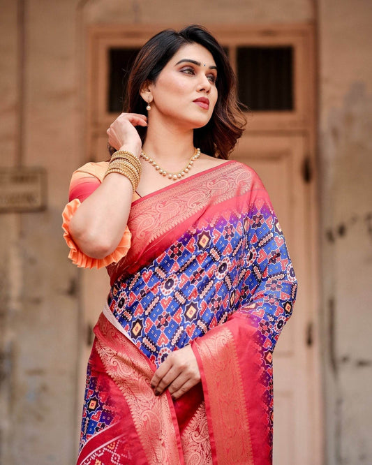 Royal Blue and Red Tussar Silk Saree with Geometric Patterns and Ornate Zari Border - SEEANS