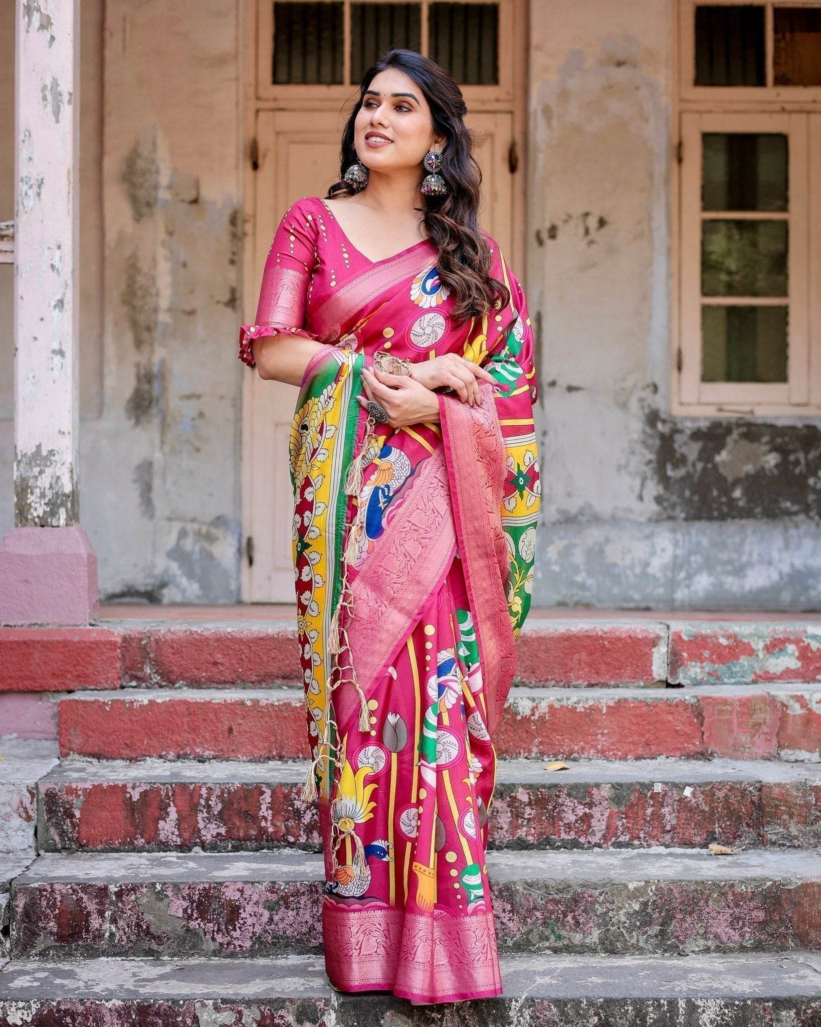 Magenta Tussar Silk Saree with Artistic Peacock & Floral Kalamkari Design - SEEANS