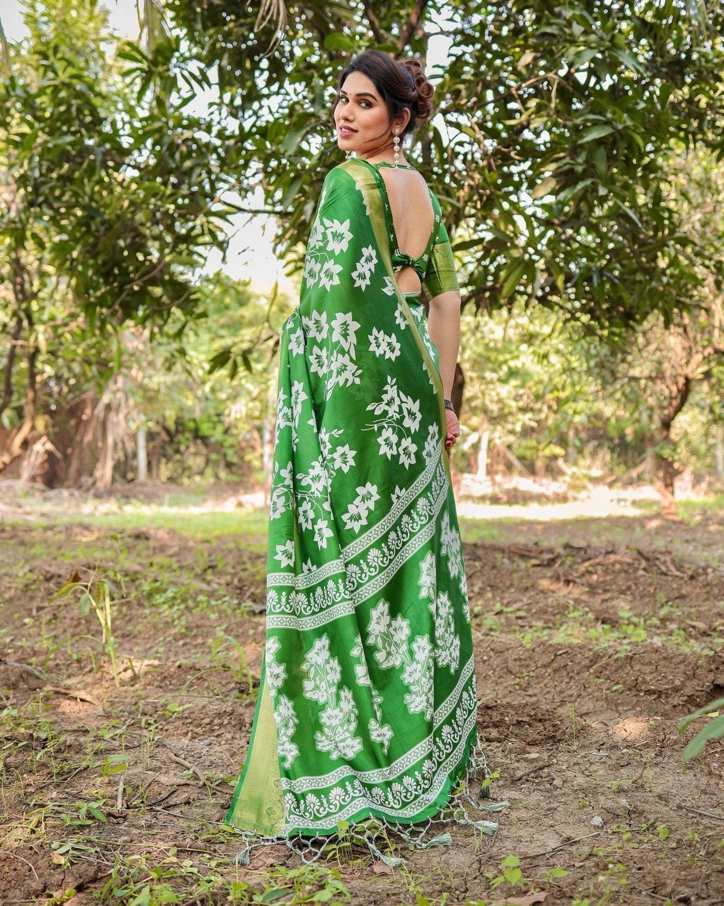 Enchanting Green Tussar Silk Saree with White Floral Prints and Zari Border - SEEANS