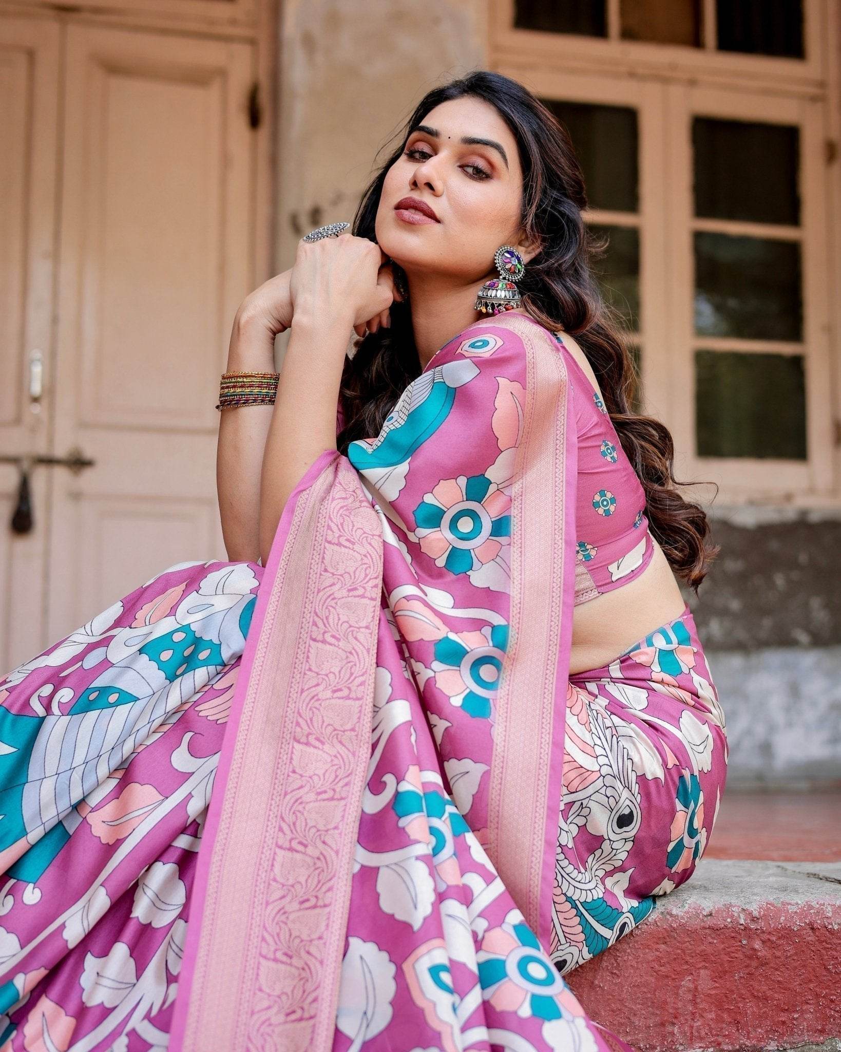 Blush Pink Tussar Silk Saree with Elegant Peacock and Floral Kalamkari Design - SEEANS