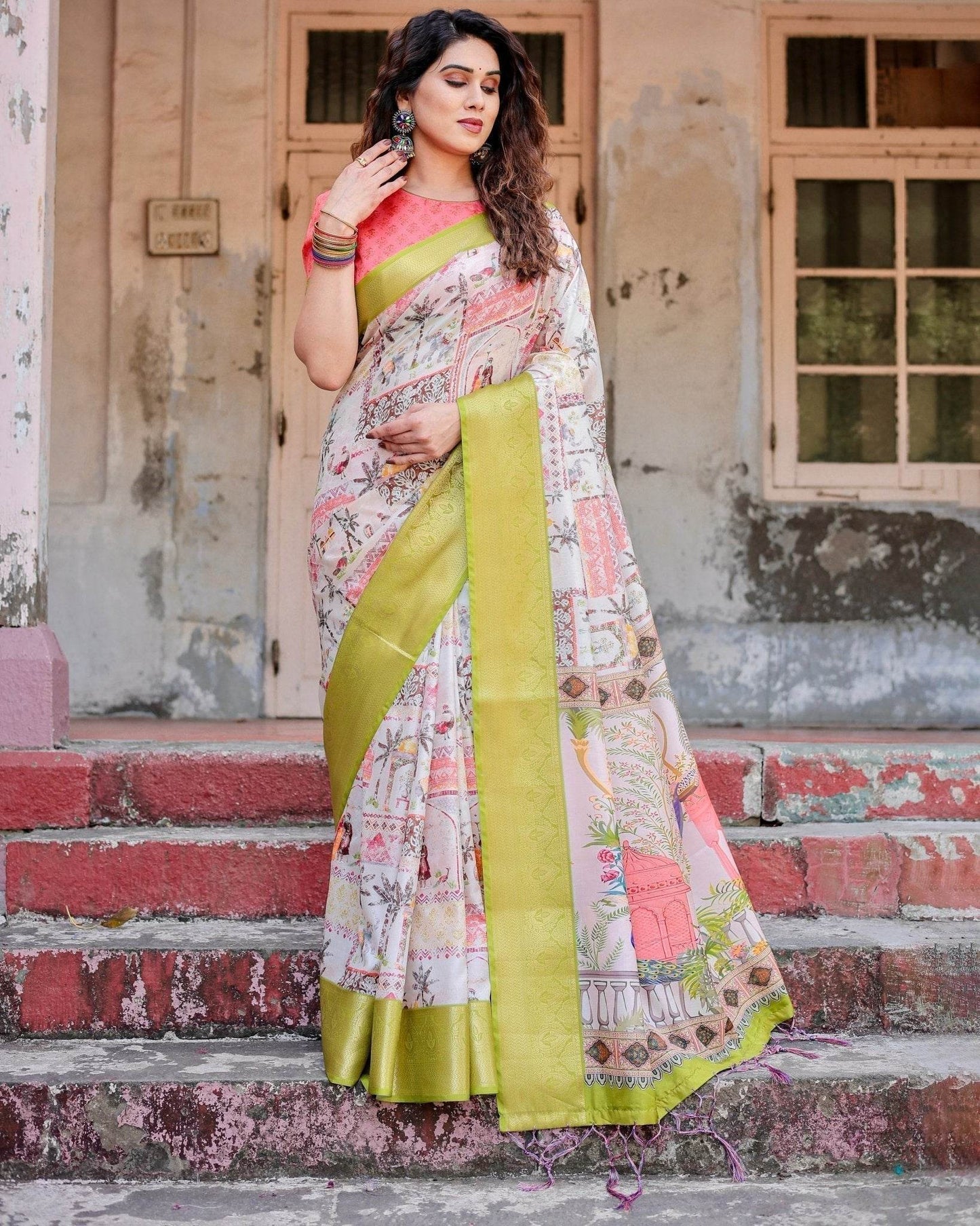 Pastel Tussar Silk Saree with Lime Green Zari Border and Hand-Painted Heritage Designs - SEEANS