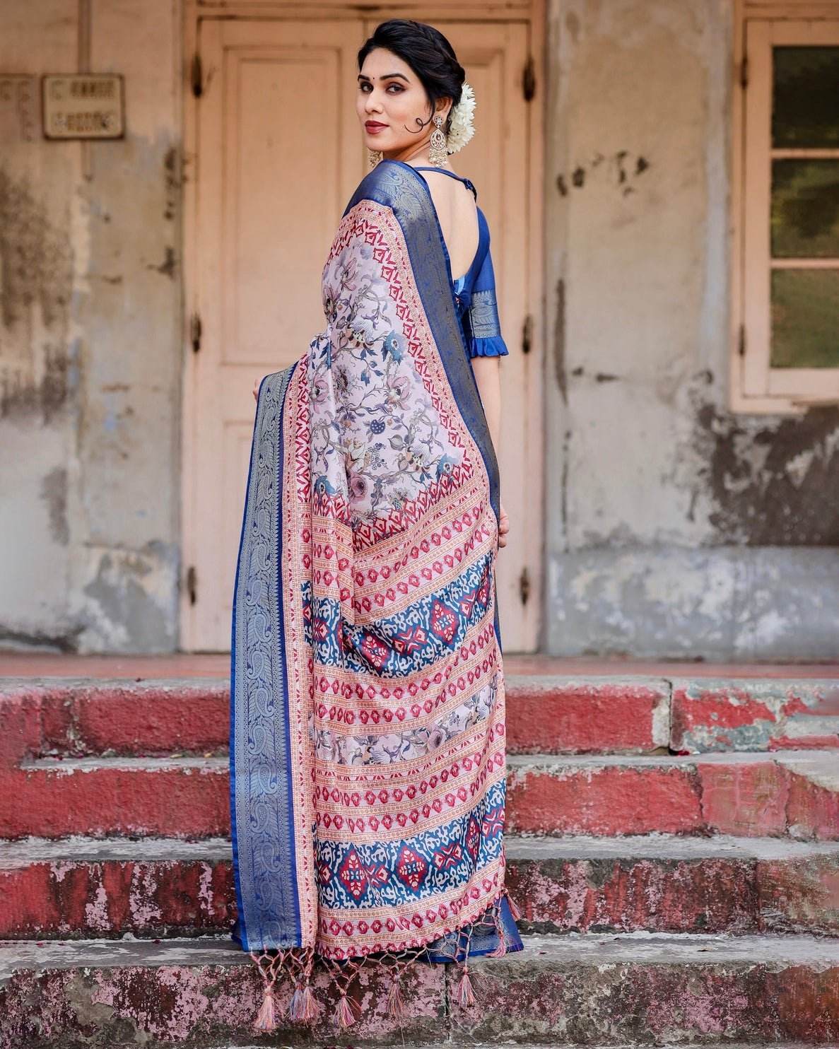 Ivory and Navy Blue Tussar Silk Saree with Floral Elegance and Ornamental Zari Work - SEEANS