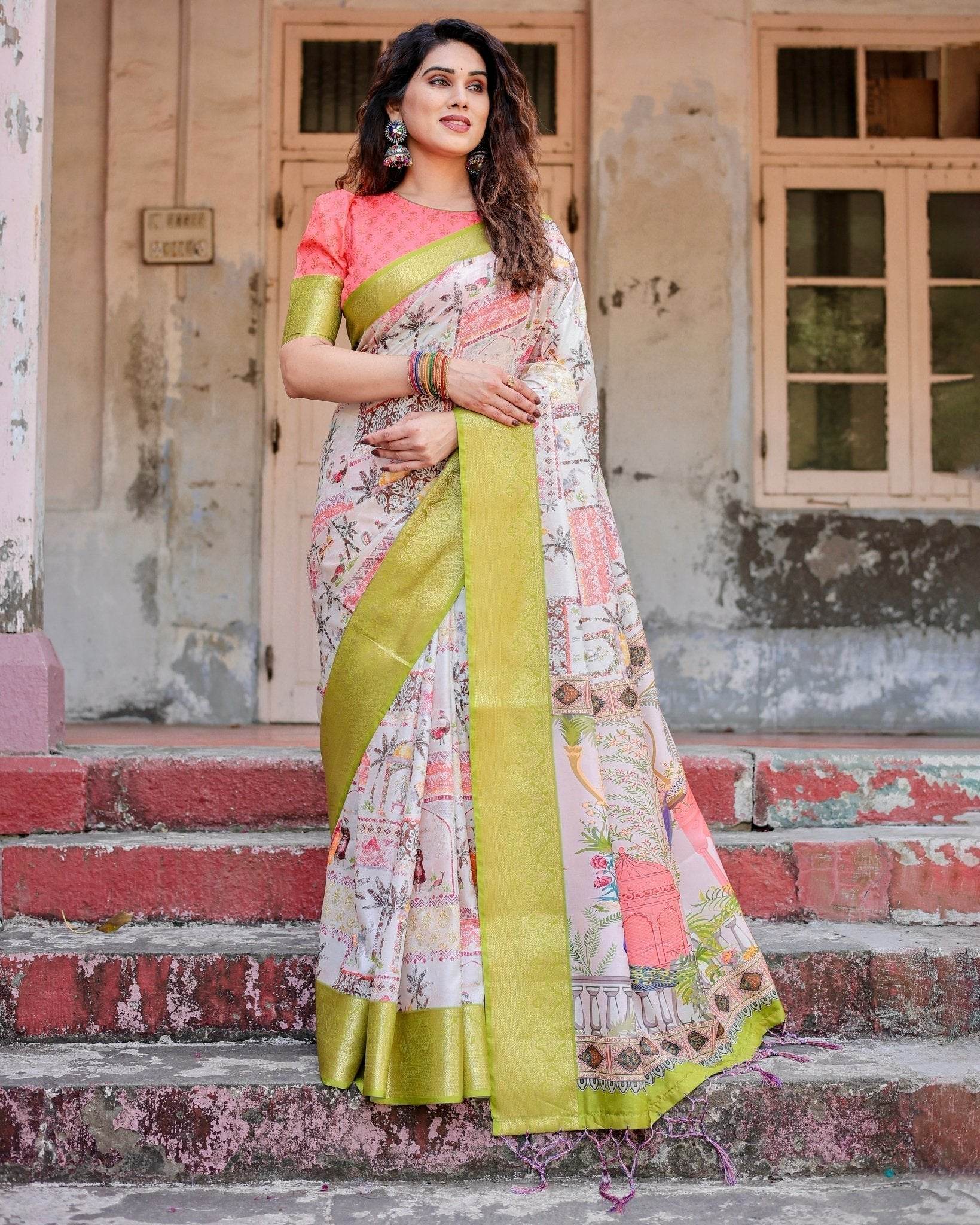 Pastel Tussar Silk Saree with Lime Green Zari Border and Hand-Painted Heritage Designs - SEEANS