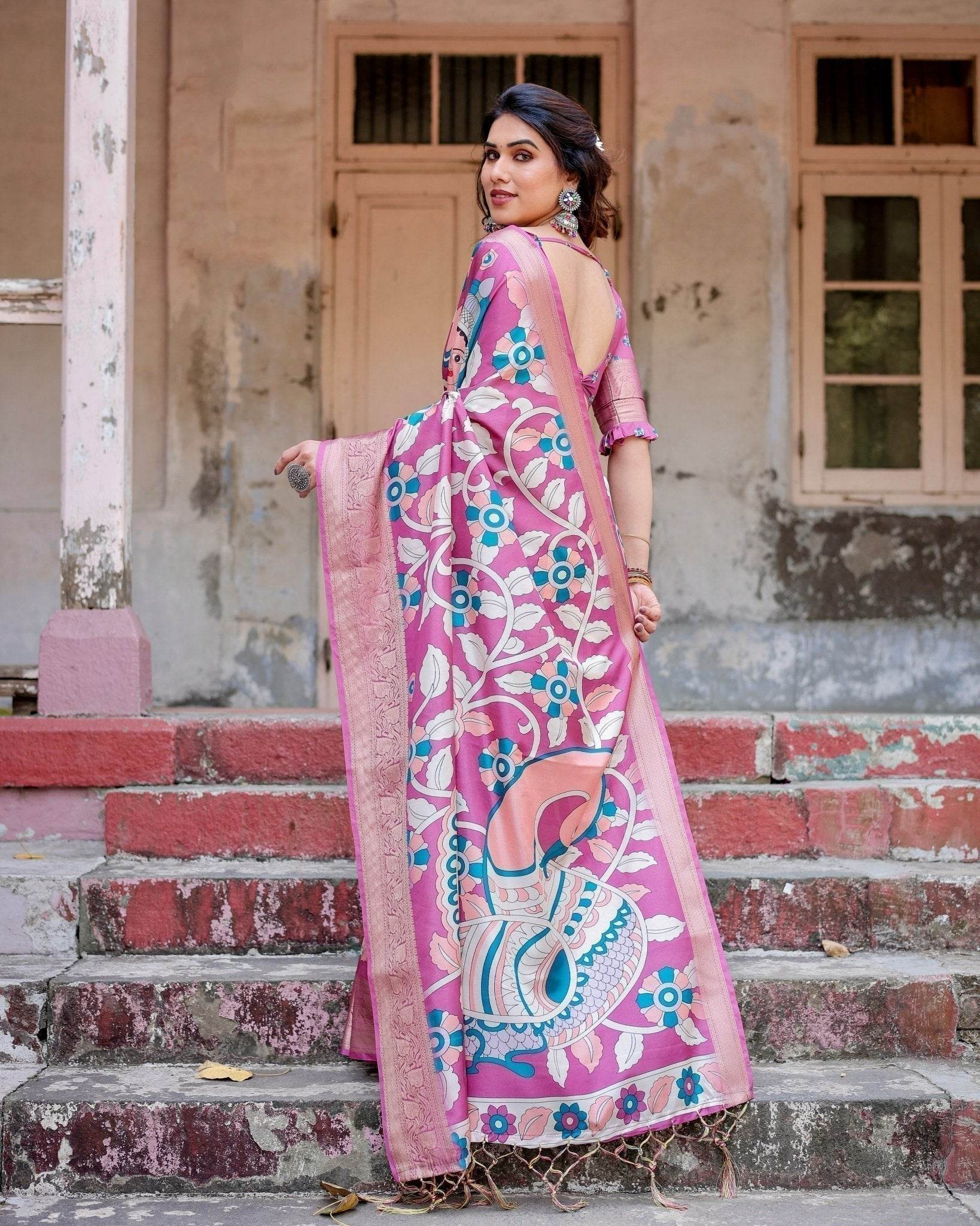 Blush Pink Tussar Silk Saree with Elegant Peacock and Floral Kalamkari Design - SEEANS