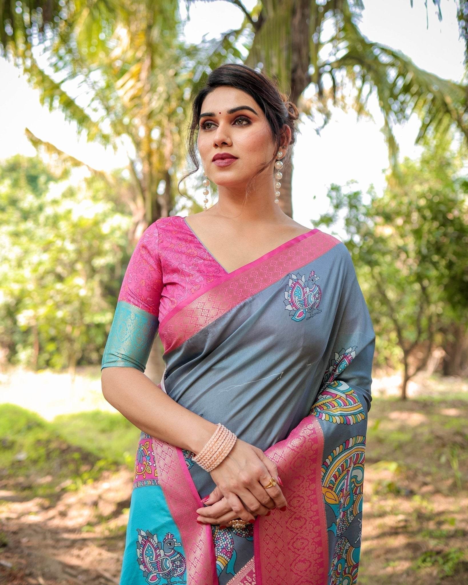 Pastel Grey and Turquoise Digital Print Tussar Silk Saree with Pink Zari Border and Peacock Motif Pallu - SEEANS