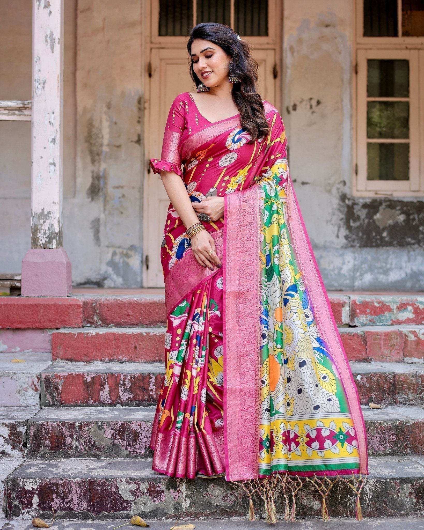 Magenta Tussar Silk Saree with Artistic Peacock & Floral Kalamkari Design - SEEANS