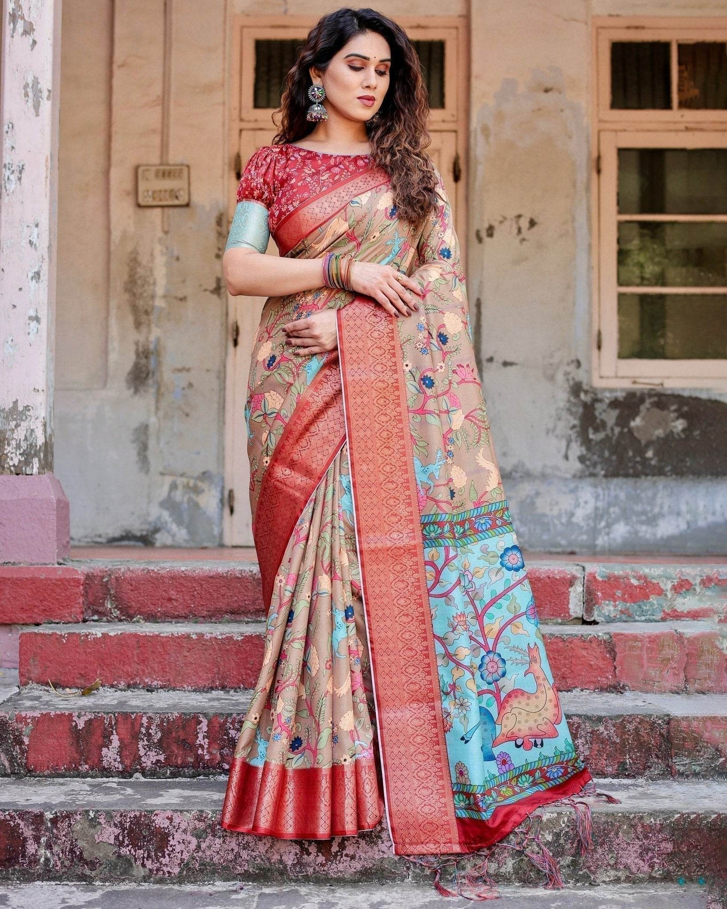 Beige Tussar Silk Saree with Vibrant Multicolor Floral Prints and Red Zari Border - SEEANS