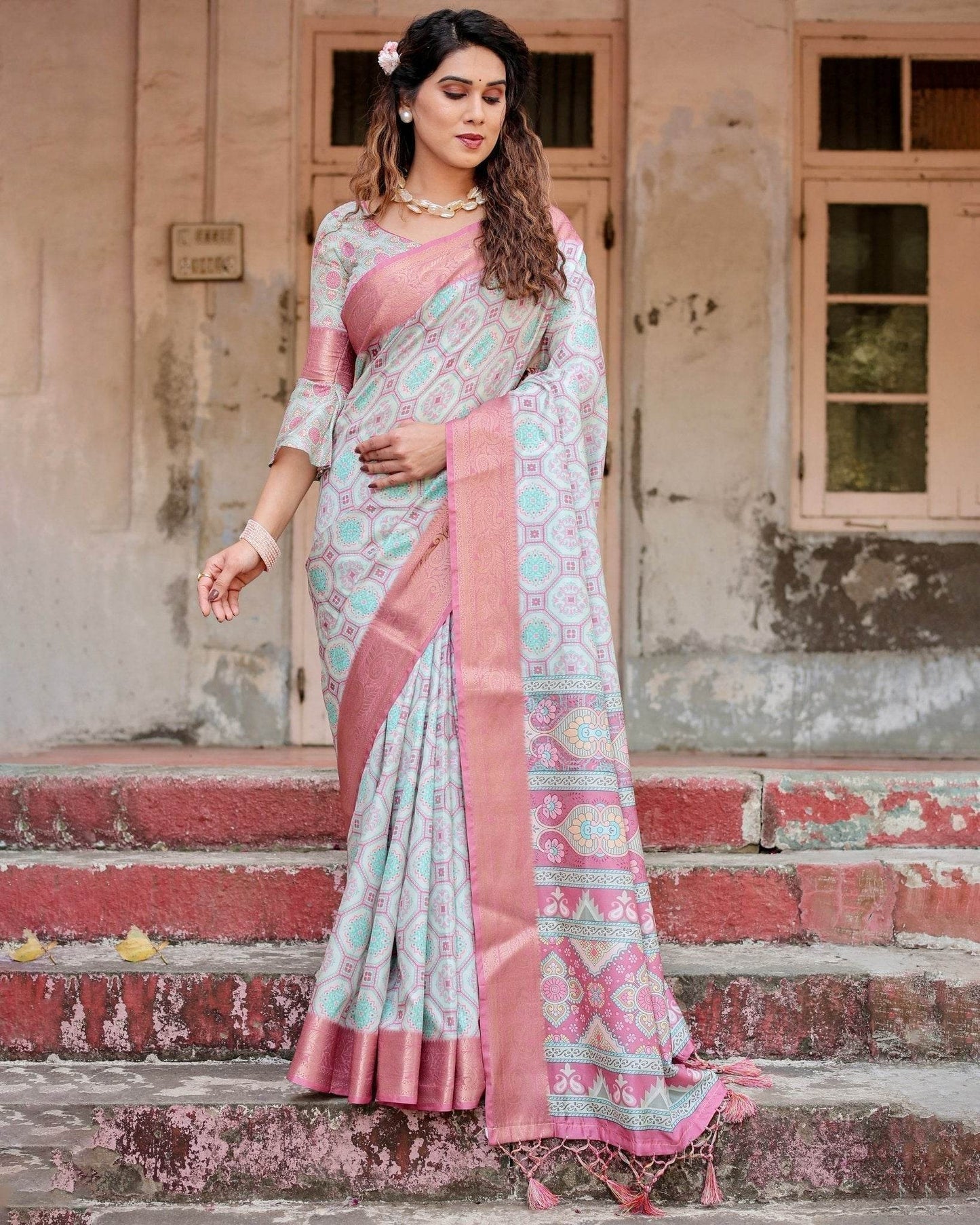 Pastel Pink and Mint Green Geometric Tussar Silk Saree with Zari Paisley Border - SEEANS