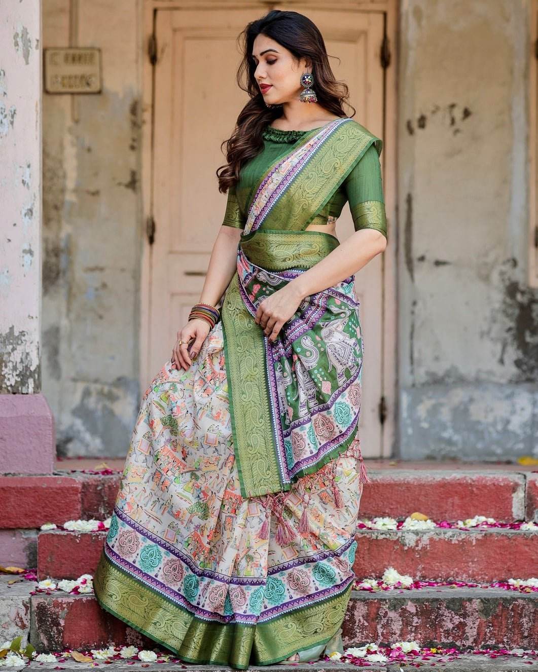 Ivory and Green Tussar Silk Saree with Elephant Motifs and Intricate Zari Border - SEEANS