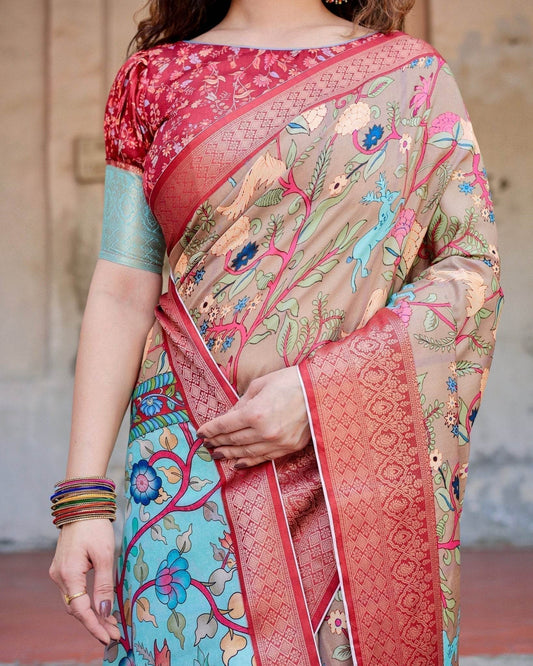 Beige Tussar Silk Saree with Vibrant Multicolor Floral Prints and Red Zari Border - SEEANS