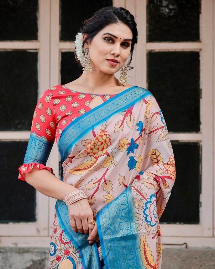 Beige and Red Tussar Silk Saree with Divine Motifs and Floral Zari Border - SEEANS