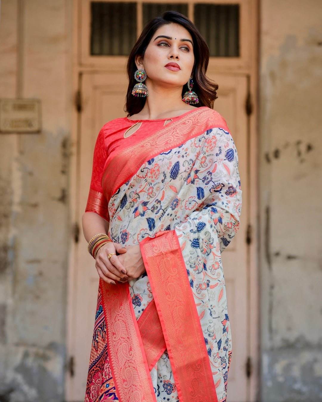 Ivory Tussar Silk Saree with Coral Zari Border and Intricate Floral Motifs - SEEANS