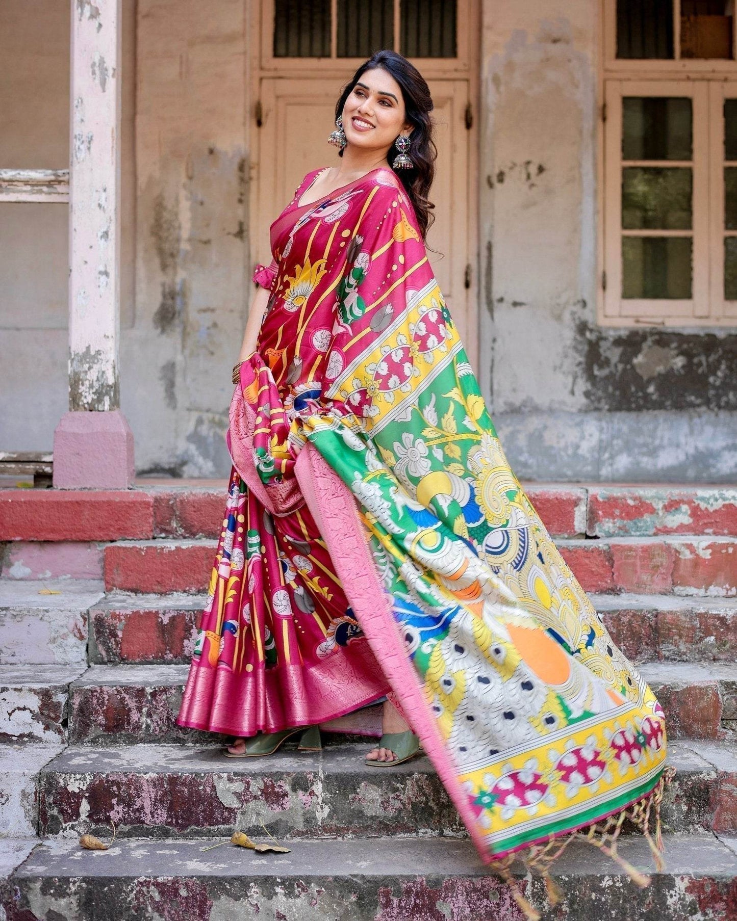 Magenta Tussar Silk Saree with Artistic Peacock & Floral Kalamkari Design - SEEANS