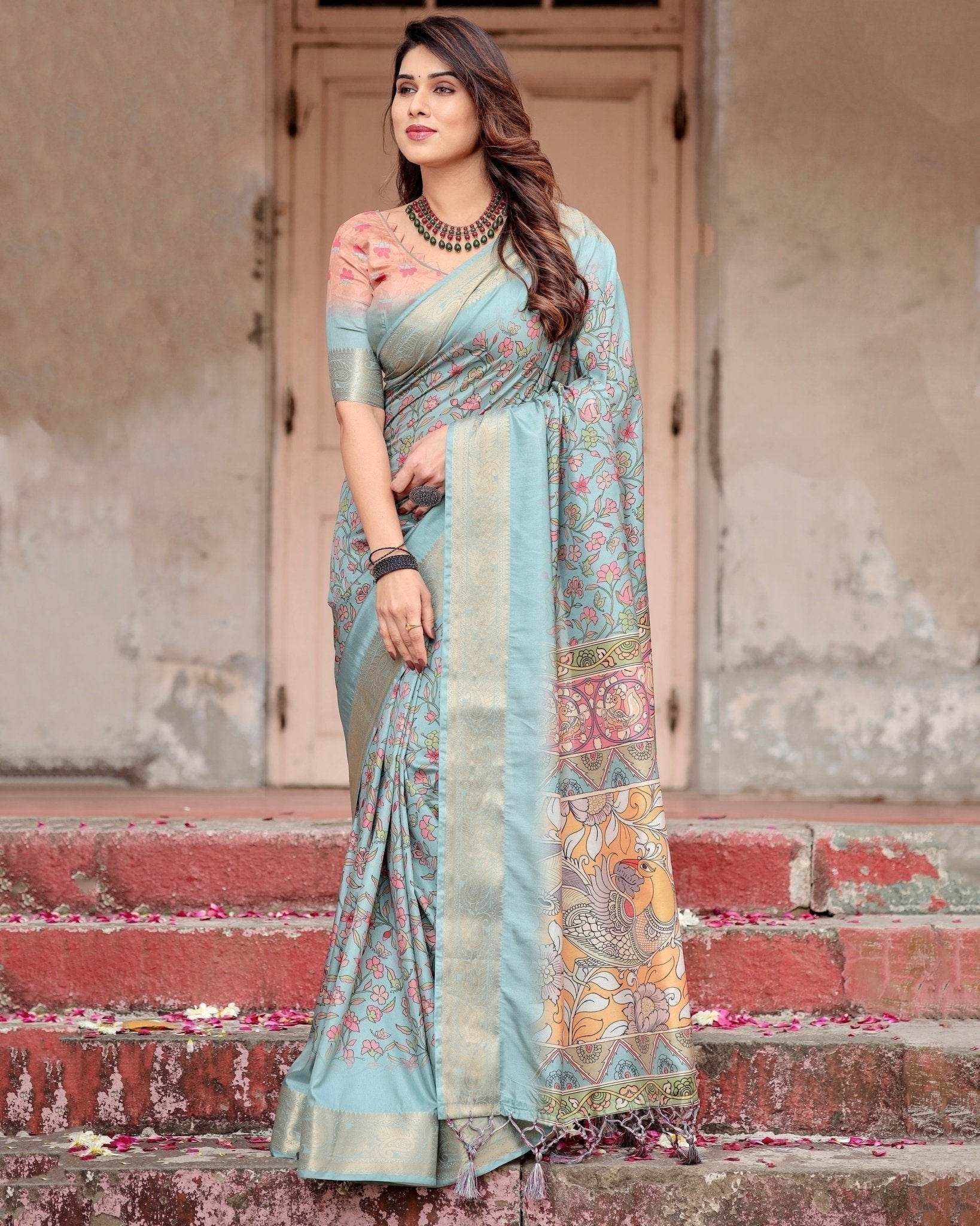 Sky Blue Tussar Silk Saree with Intricate Zari Border and Artistic Pallu Design - SEEANS