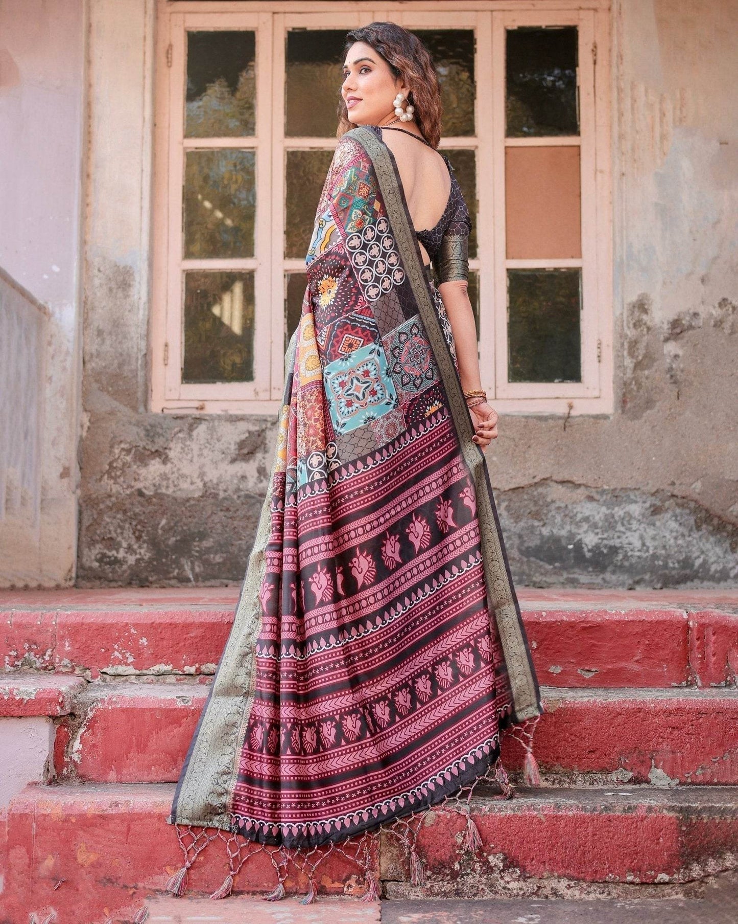 Multicolor Tussar Silk Saree with Ornamental Patchwork and Olive Zari Border - SEEANS