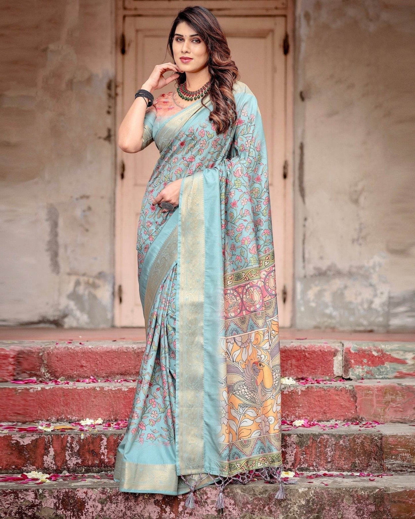 Sky Blue Tussar Silk Saree with Intricate Zari Border and Artistic Pallu Design - SEEANS