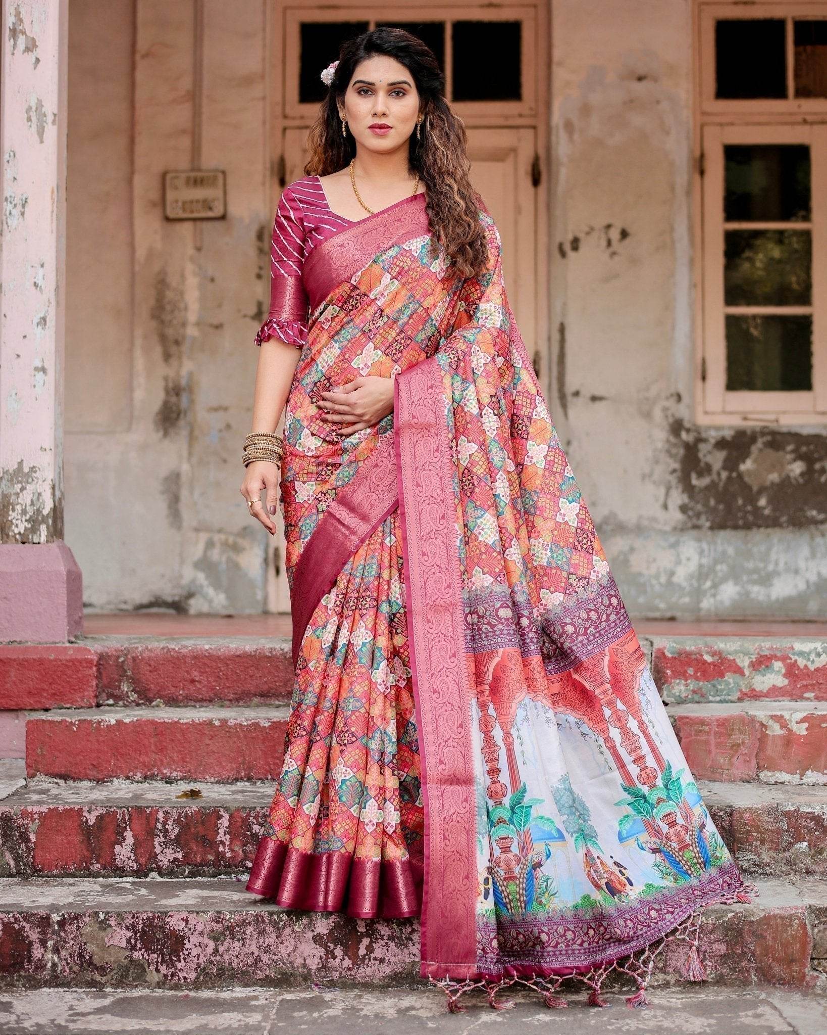 Maroon Tussar Silk Saree with Vibrant Geometric Tile Print and Zari Paisley Border - SEEANS