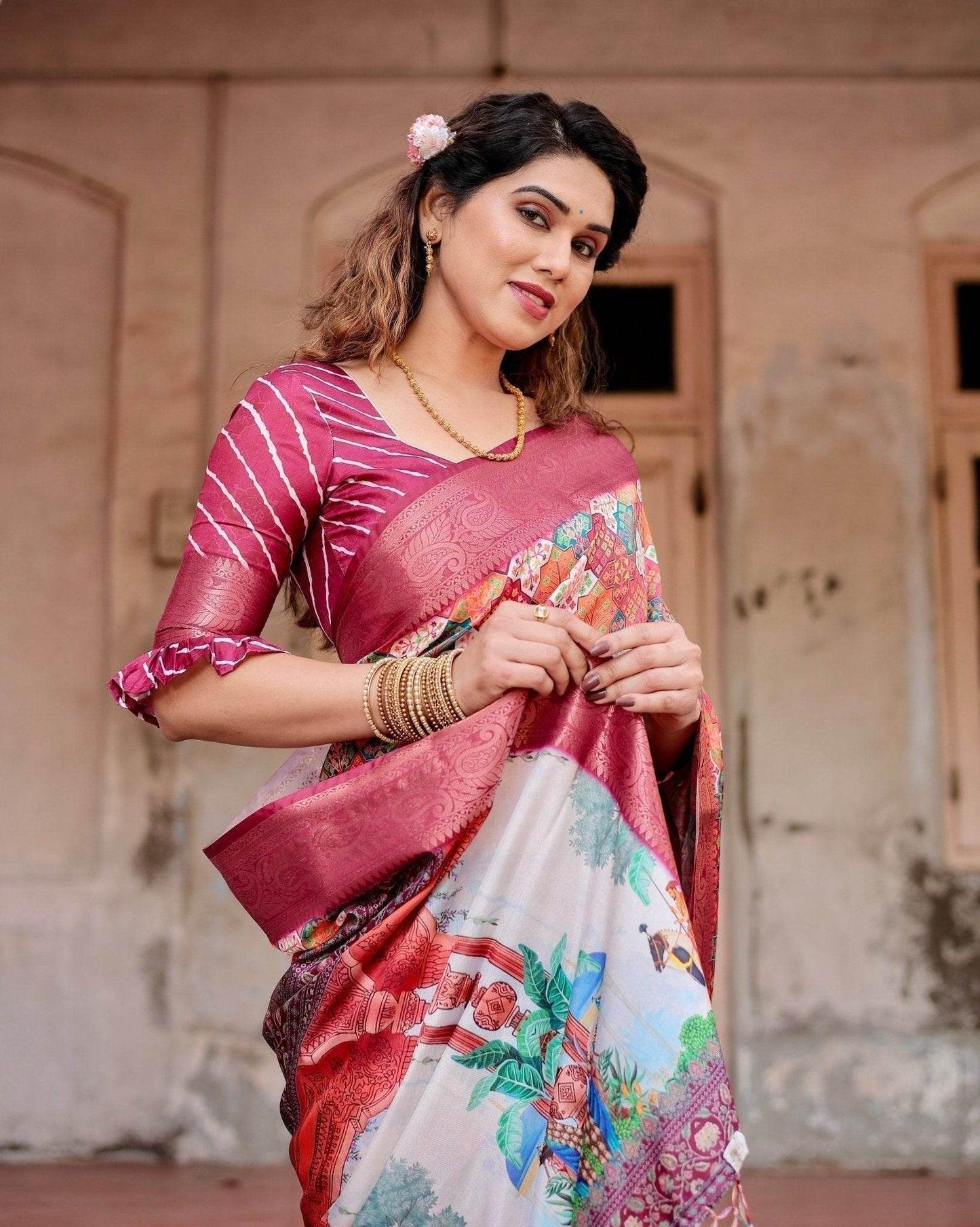 Maroon Tussar Silk Saree with Vibrant Geometric Tile Print and Zari Paisley Border - SEEANS