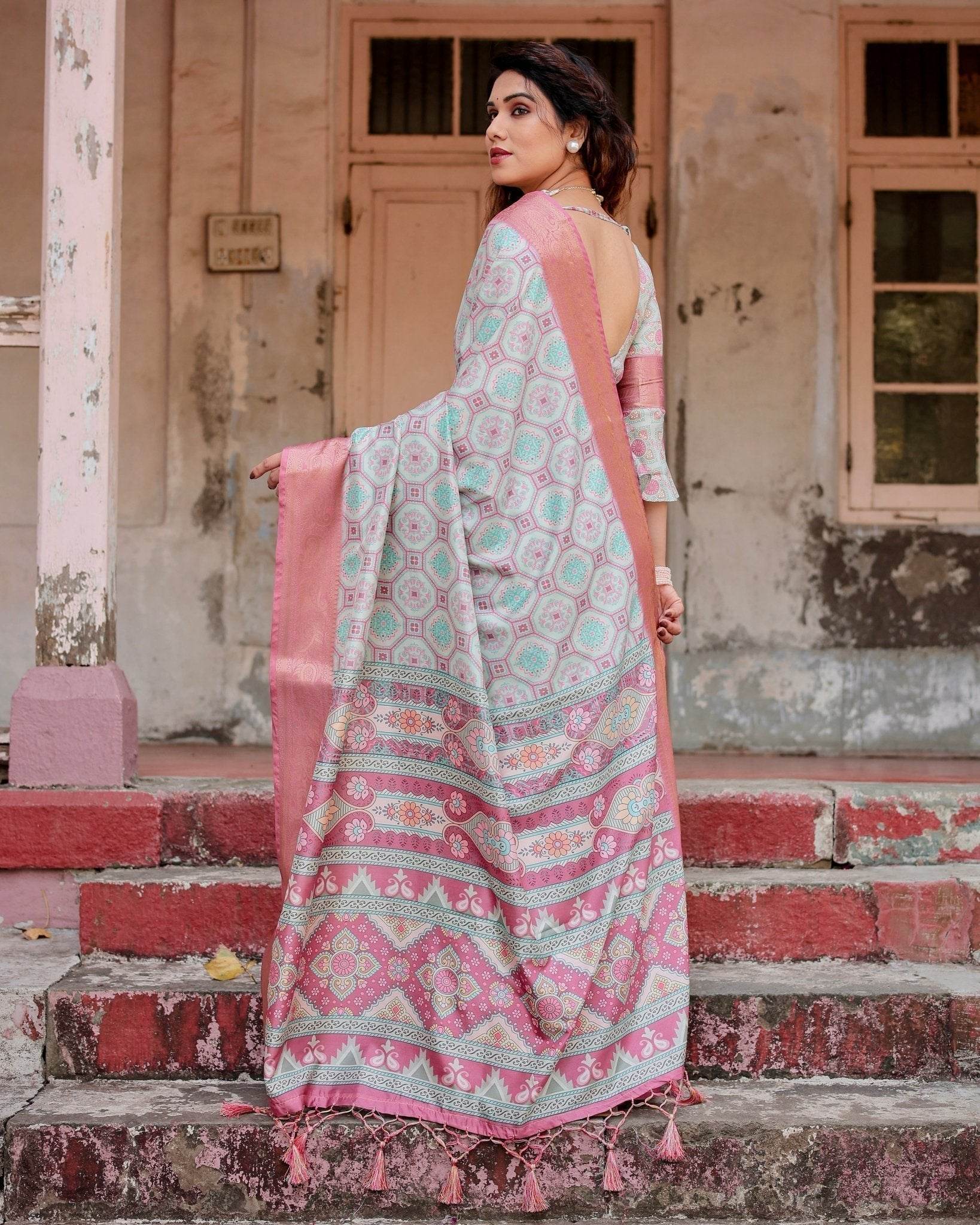 Pastel Pink and Mint Green Geometric Tussar Silk Saree with Zari Paisley Border - SEEANS