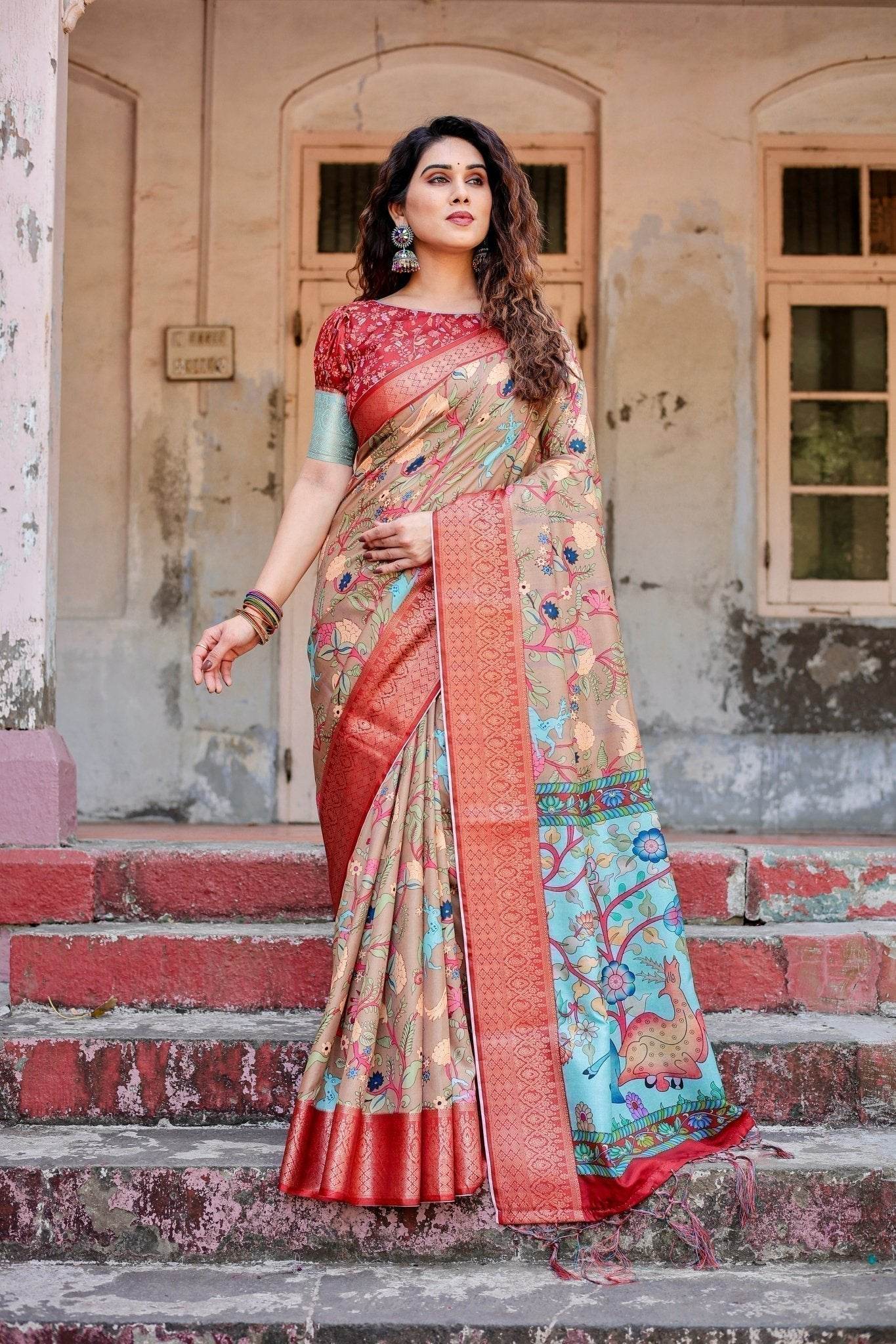 Beige Tussar Silk Saree with Vibrant Multicolor Floral Prints and Red Zari Border - SEEANS