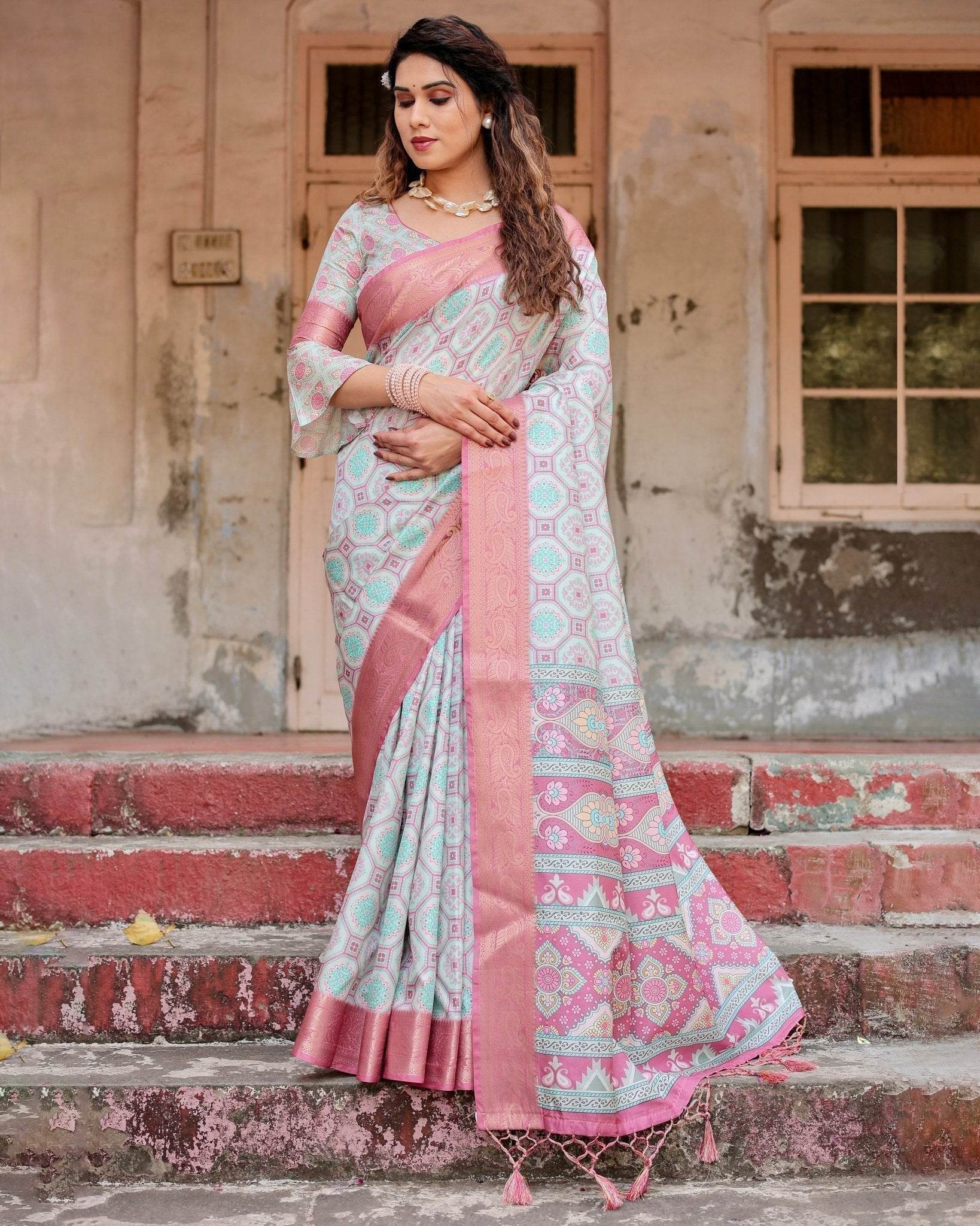 Pastel Pink and Mint Green Geometric Tussar Silk Saree with Zari Paisley Border - SEEANS