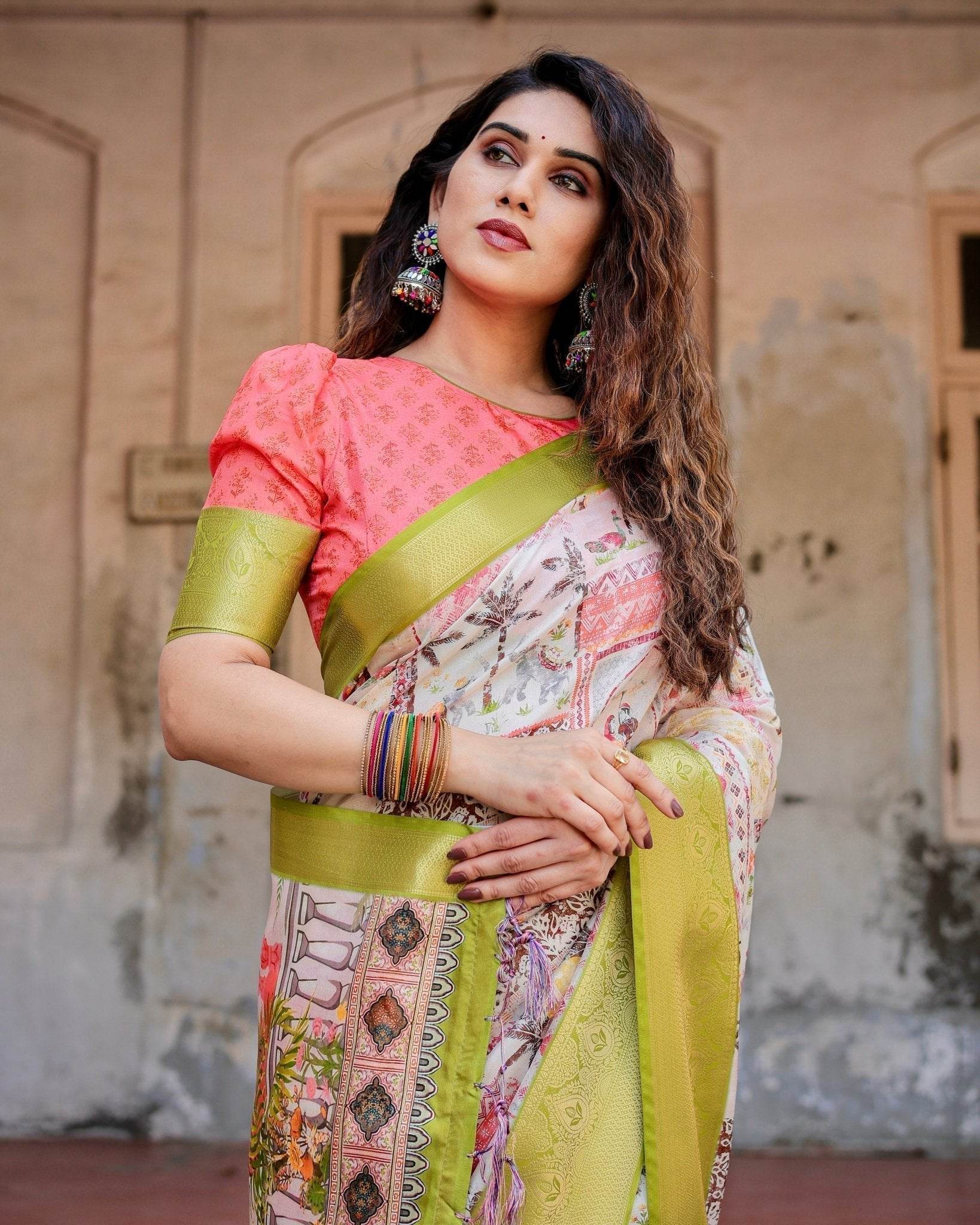 Pastel Tussar Silk Saree with Lime Green Zari Border and Hand-Painted Heritage Designs - SEEANS