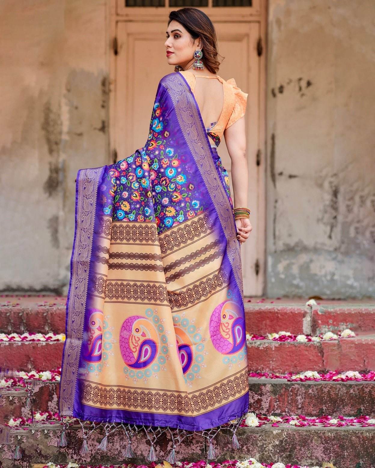 Royal Purple Tussar Silk Saree with Vibrant Floral Print and Peacock Motif Pallu - SEEANS