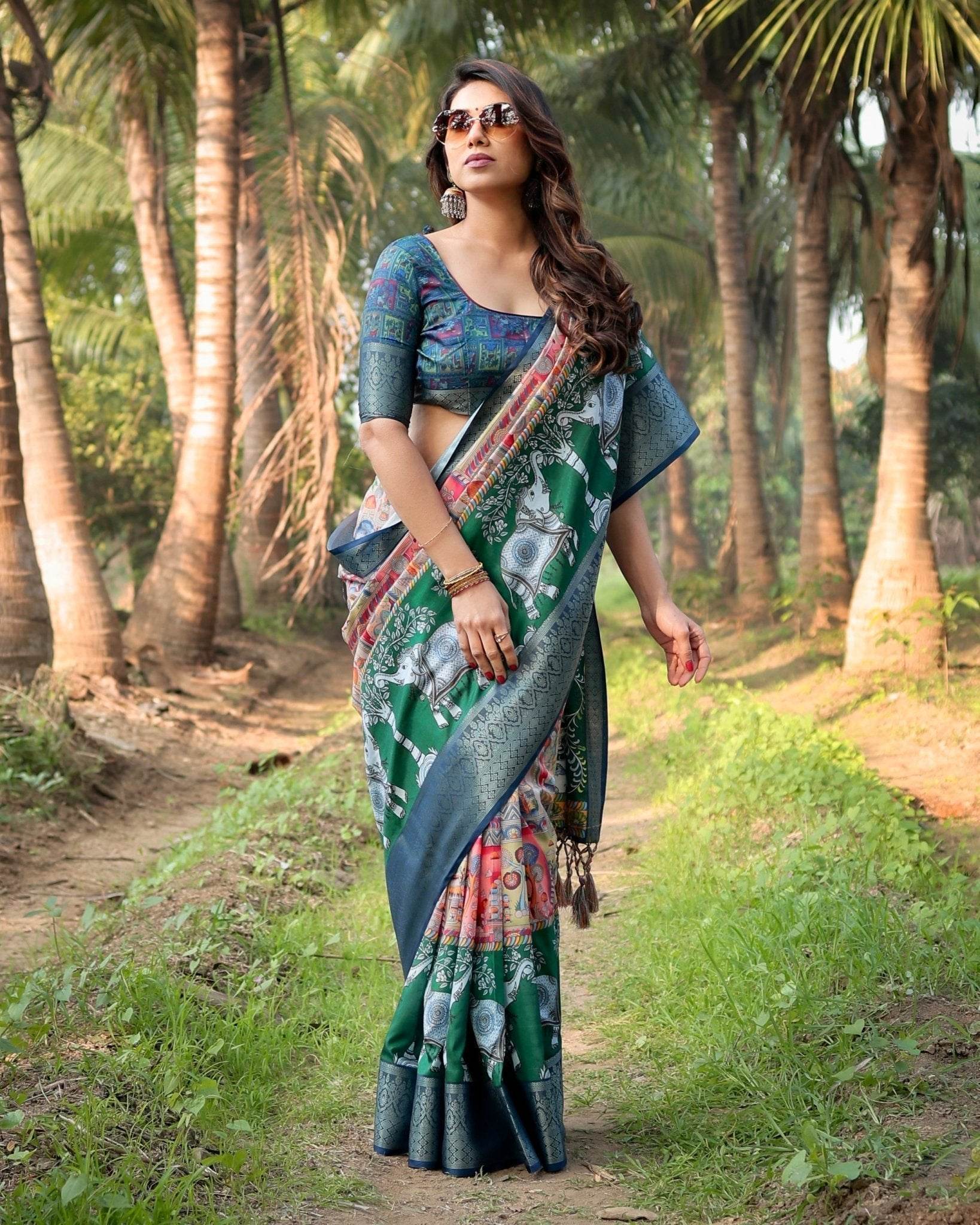 Multicolored Digital Print Tussar Silk Saree with Intricate Zari Border and Elephant Motif Pallu - SEEANS