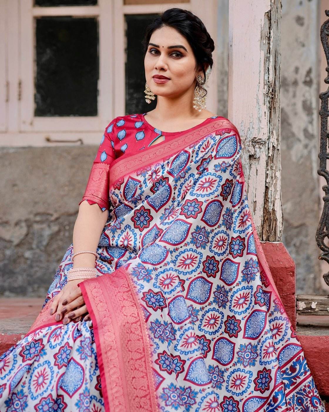 White and Red Tussar Silk Saree with Vibrant Floral Geometric Motifs and Ornamental Zari Border - SEEANS