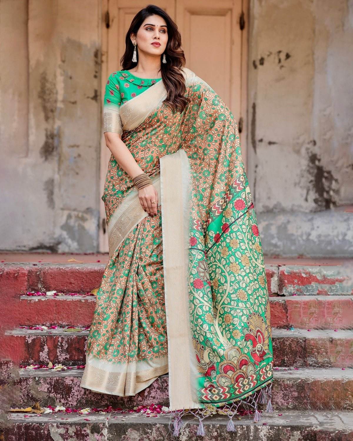 Emerald Green and Gold Tussar Silk Saree with Floral and Ornamental Motifs - SEEANS