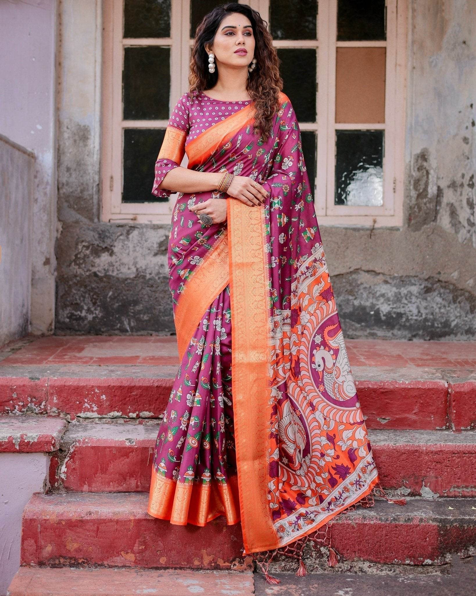 Wine Purple and Orange Tussar Silk Saree with Floral Motifs and Artistic Pallu - SEEANS