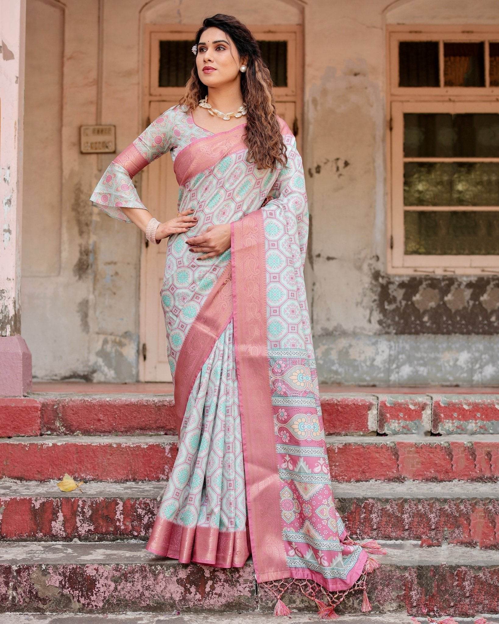 Pastel Pink and Mint Green Geometric Tussar Silk Saree with Zari Paisley Border - SEEANS