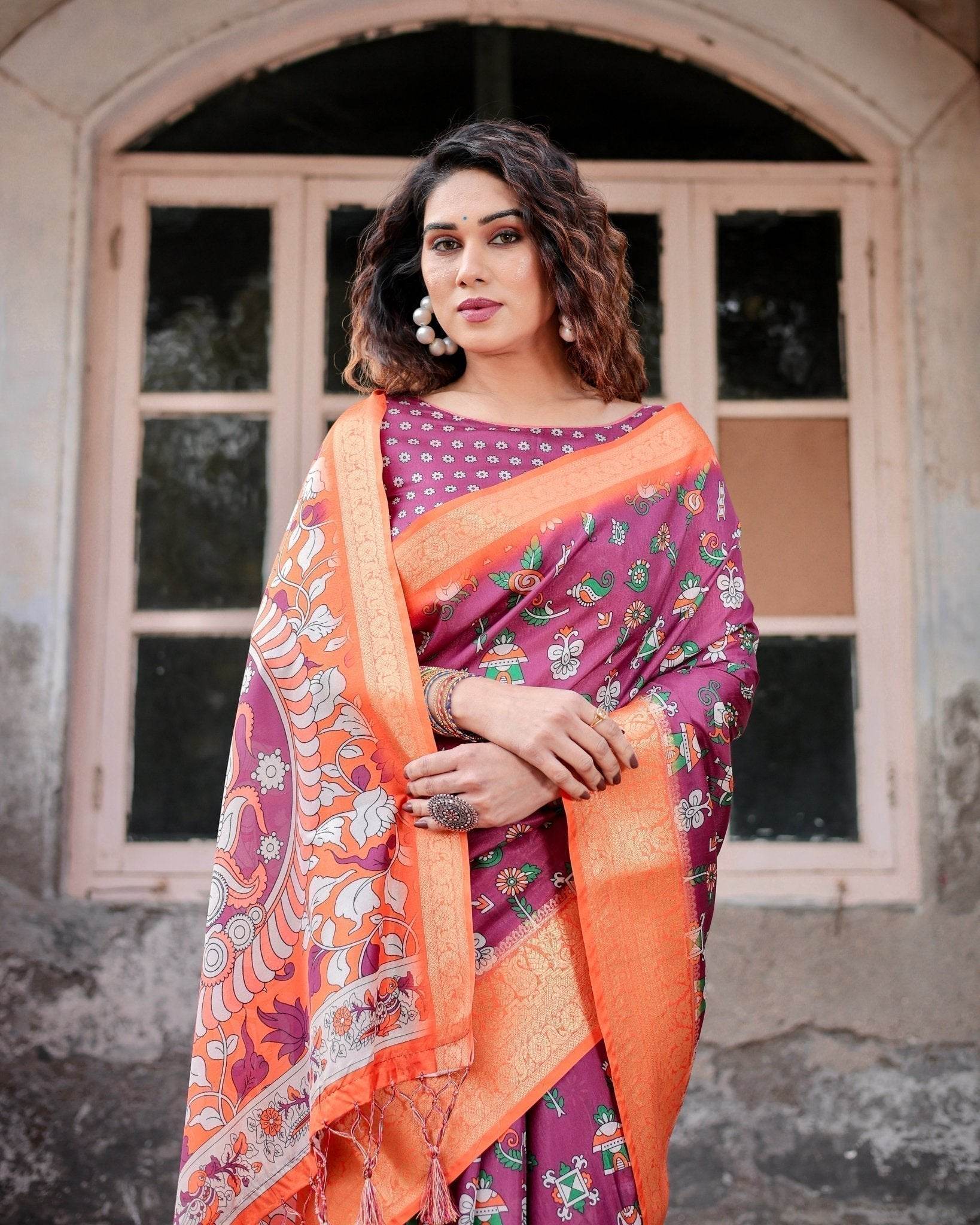 Wine Purple and Orange Tussar Silk Saree with Floral Motifs and Artistic Pallu - SEEANS