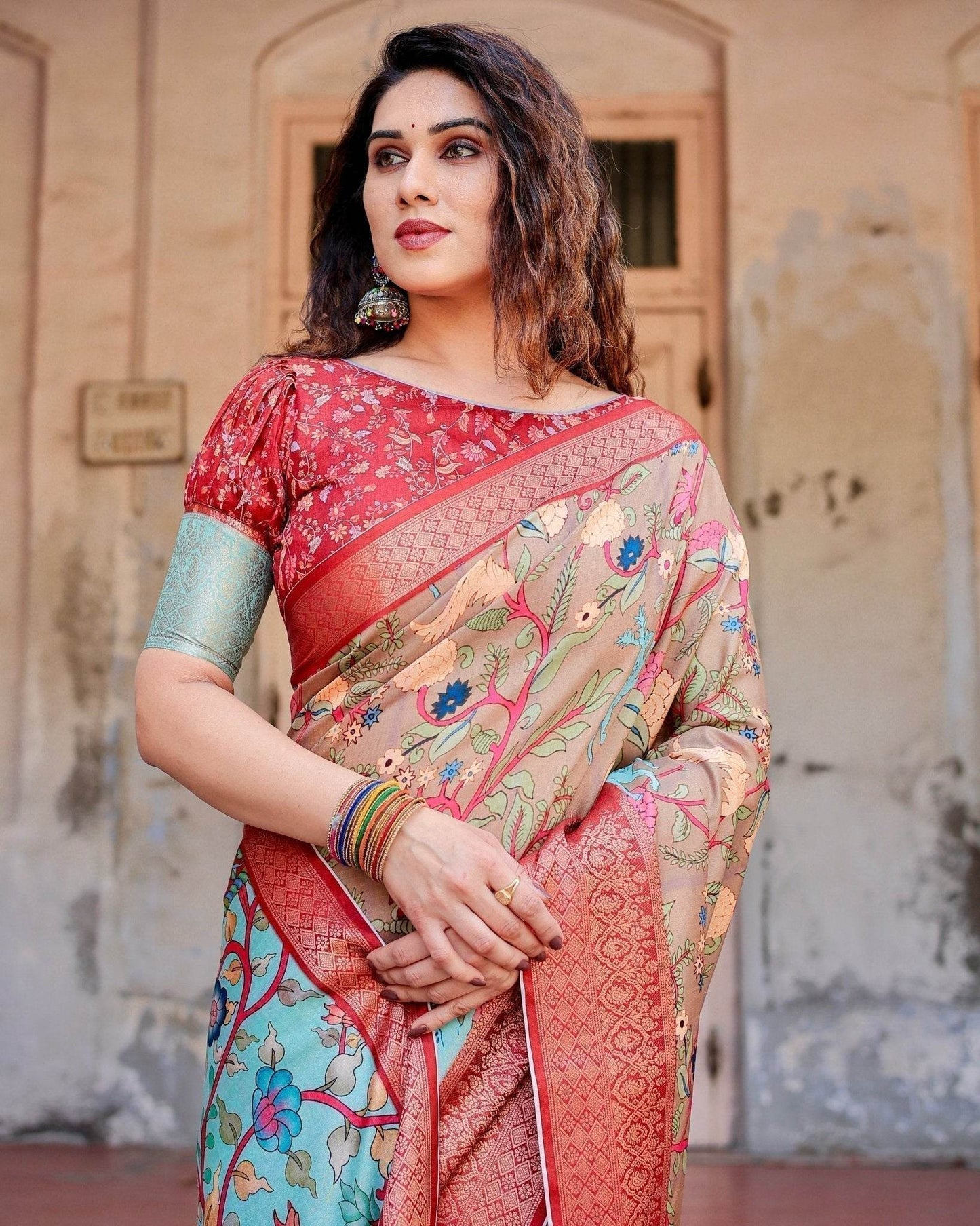 Beige Tussar Silk Saree with Vibrant Multicolor Floral Prints and Red Zari Border - SEEANS