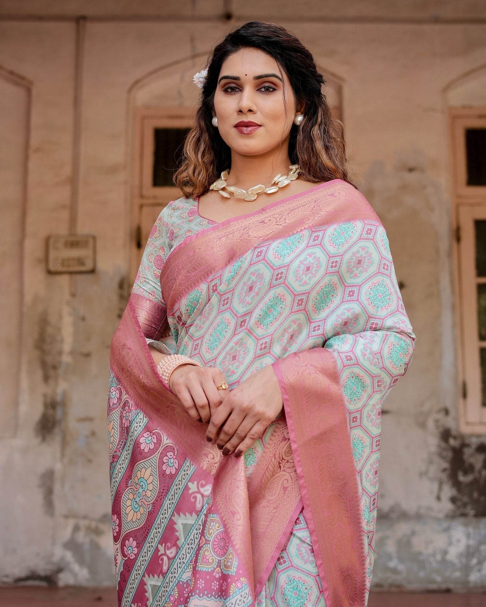 Pastel Pink and Mint Green Geometric Tussar Silk Saree with Zari Paisley Border - SEEANS