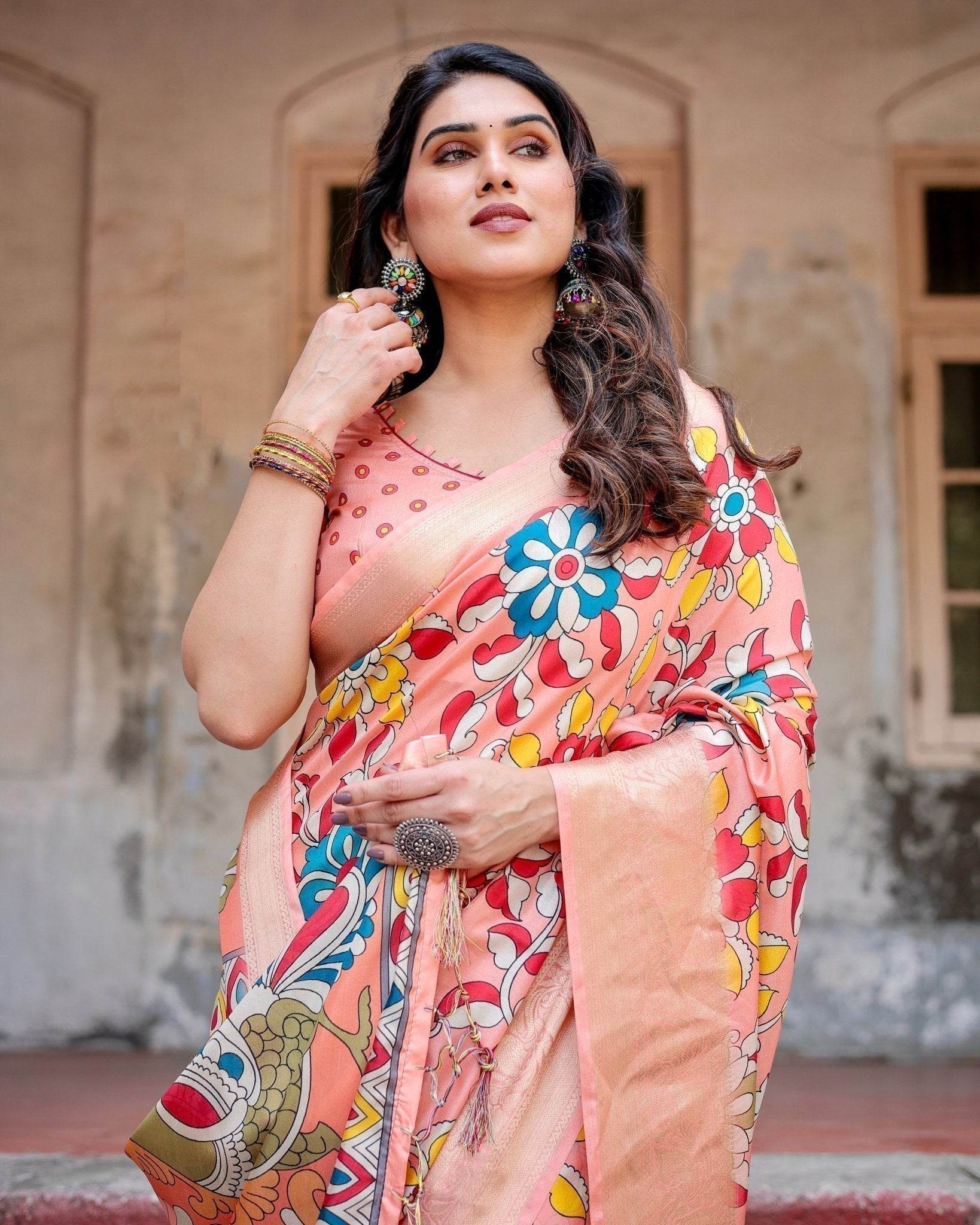 Peach Tussar Silk Saree with Vibrant Floral Kalamkari and Zari Highlights - SEEANS